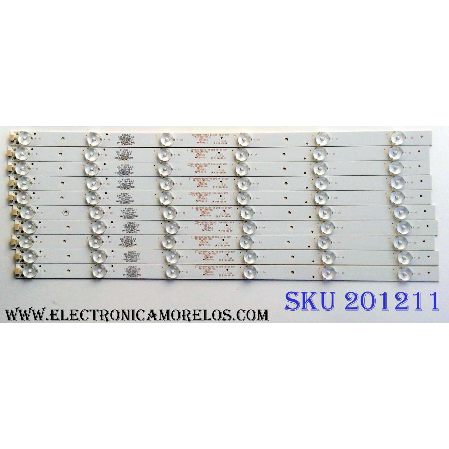 KIT DE LED´S PARA TV (10 PIEZAS) / ACER 303GC490032 / GC49D06-ZC21FG-03 2016-06-21 6S1P / 2010028269-1 / 170526A13 / GC490M03 / PY64080A1 / PANEL BOEI490WQ1/  MODELO EB490QK
