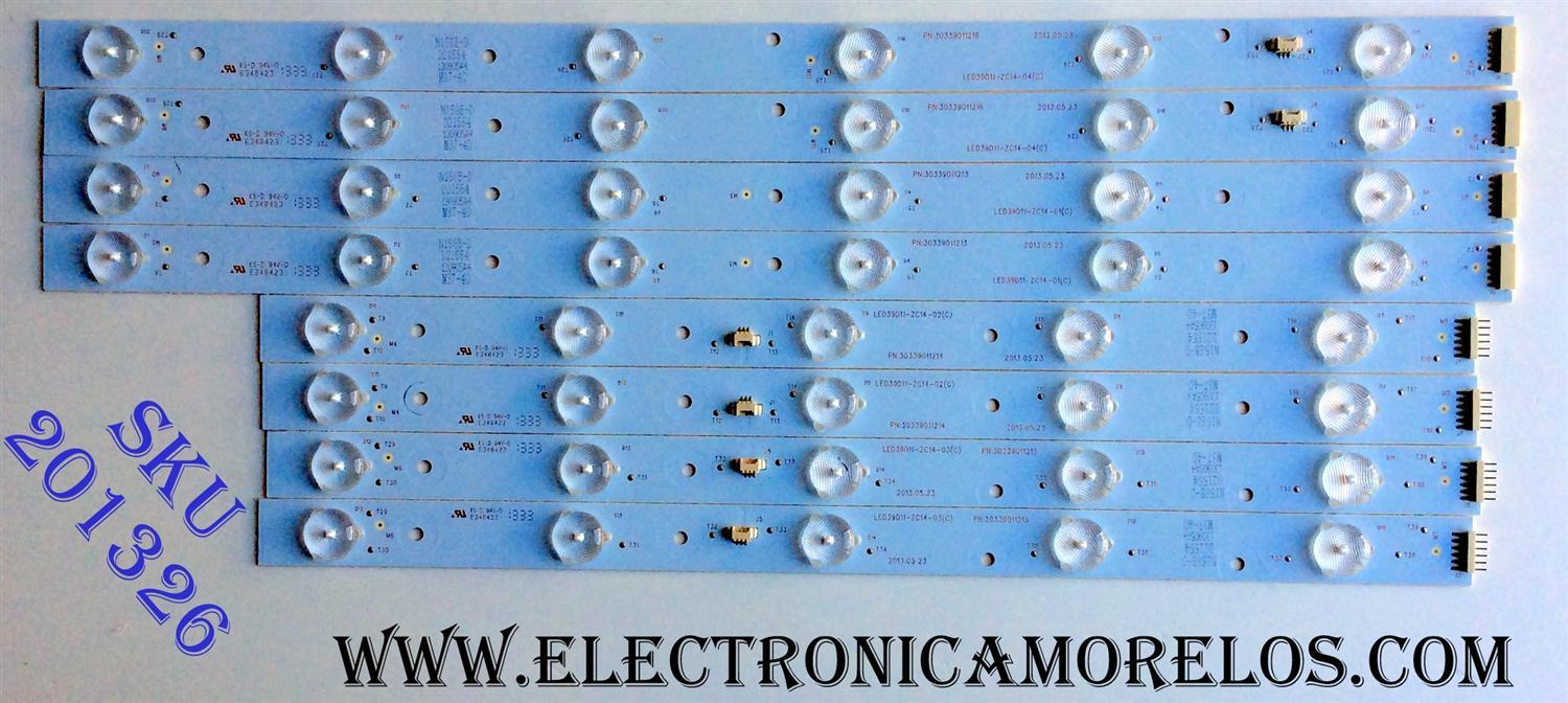 KIT DE LED´S PARA TV (8 PIEZAS) / PIONEER LED39D11-ZC14-01(C) / LED39D11-ZC14-02(C) / LED39D11-ZC14-03(C) / LED39D11-ZC14-04(C) / 30339011213 / 30339011214 / 30339011215 / 30339011216 / 130905A4 / M37-40 / E348423 / PANEL V390HJ1-P02 / MODELO PLE-3903FHD
