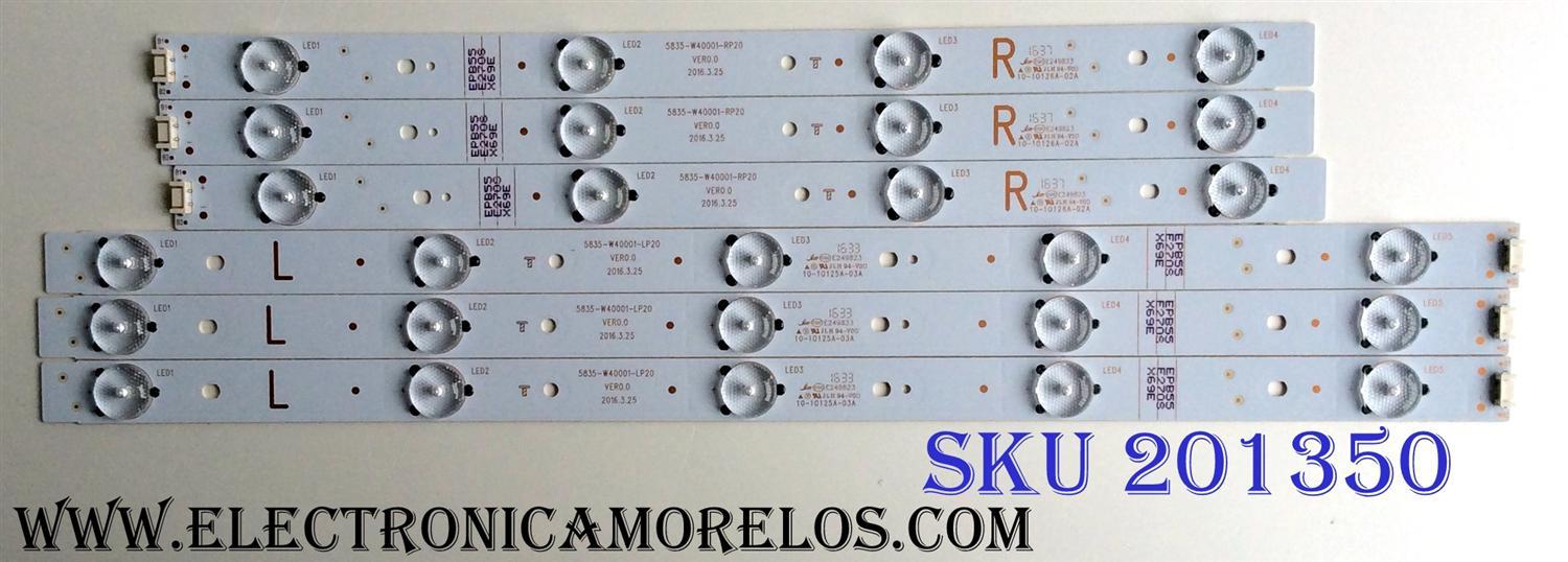 KIT DE LED´S PARA TV LG (6 PIEZAS) NUMERO DE PARTE 5835-W40001-RP20 / 5835-W40001-LP20 / VER0.0 / 10-10126A-02A / 10-10125A-03A / PANEL RDL400FY(QD0-406)REV.00 / MODELO 40LH500-UA