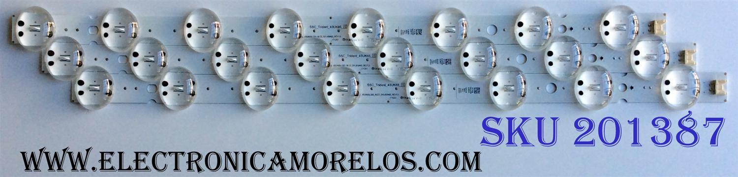 KIT DE LED´S PARA TV (3 PIEZAS) / LG SSC_Trident_43UK65_S / EAV63992501 / SSC_43UK65(LGD)_8LED_SVL430A62_REV1.0_171201 / PTFB 24W2B / PTFB24W2B / _171201 / EAV6 3992 501 LGD 43062 / PANEL HC430DQG-SLUR2-914X / 43UK6500AUA BUSWLJM
