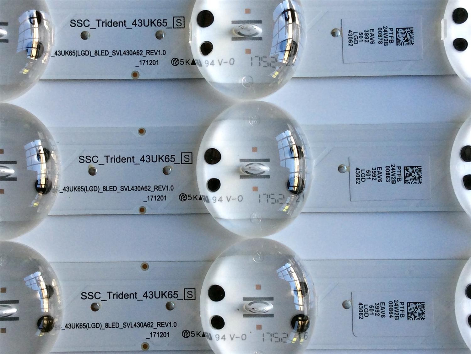 KIT DE LED´S PARA TV (3 PIEZAS) / LG SSC_Trident_43UK65_S / EAV63992501 / SSC_43UK65(LGD)_8LED_SVL430A62_REV1.0_171201 / PTFB 24W2B / PTFB24W2B / _171201 / EAV6 3992 501 LGD 43062 / PANEL HC430DQG-SLUR2-914X / 43UK6500AUA BUSWLJM - Imagen 2