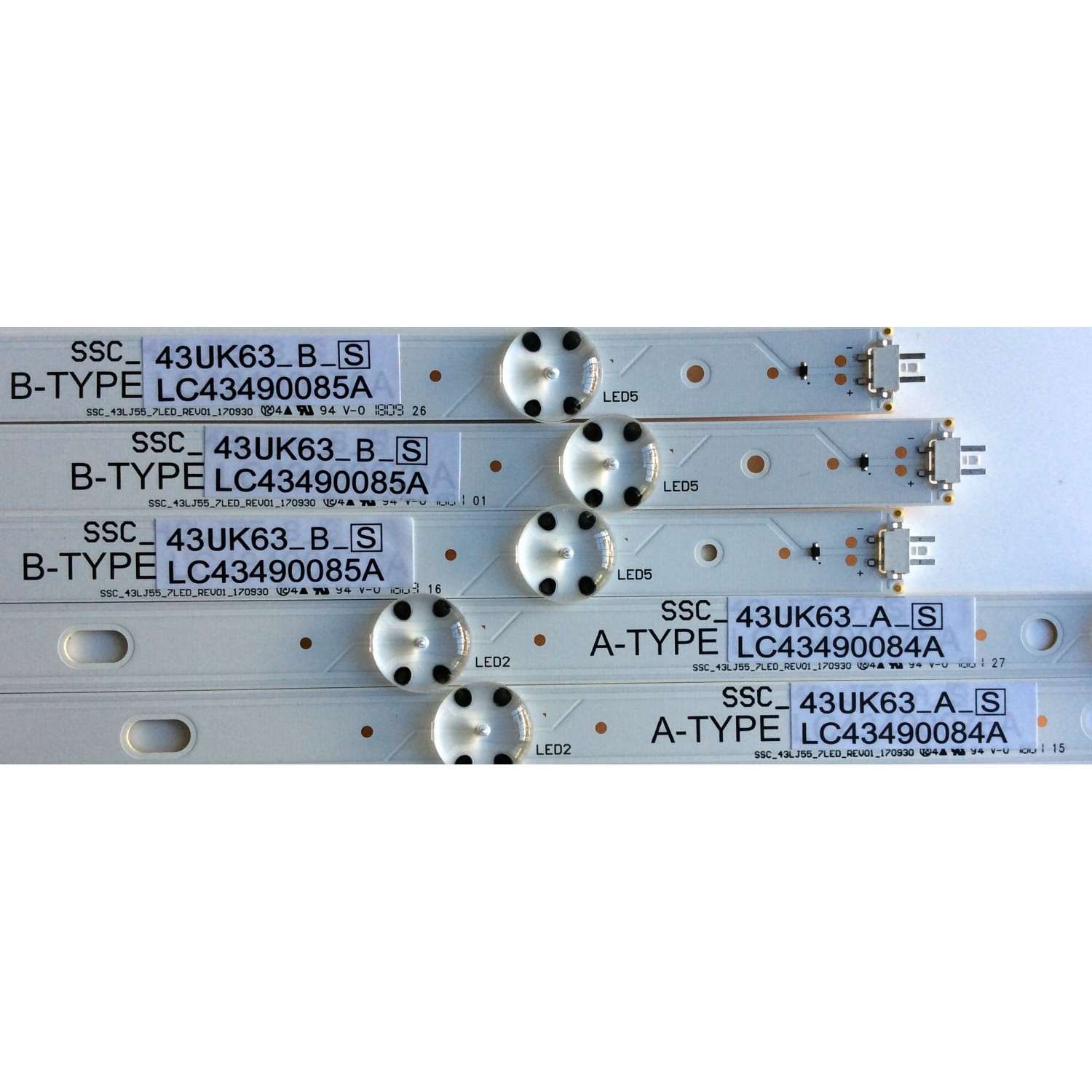 KIT DE LED´S PARA TV / SOLO 5 PIEZAS) / ((INCOMPLETO)) / LG SSC_43LJ55_7LED_REV01_170930 / SSC_43UK63_A_S / SSC_43UK63_B_S / LC43490084A / LC43490085A / LC43 4900 84A LGD 43091 / LC43 4900 85A LGD 43091 / PANEL NC430DGG-AAGX3 / MODELO 43UK6300PUE BUSWLJM - Imagen 4