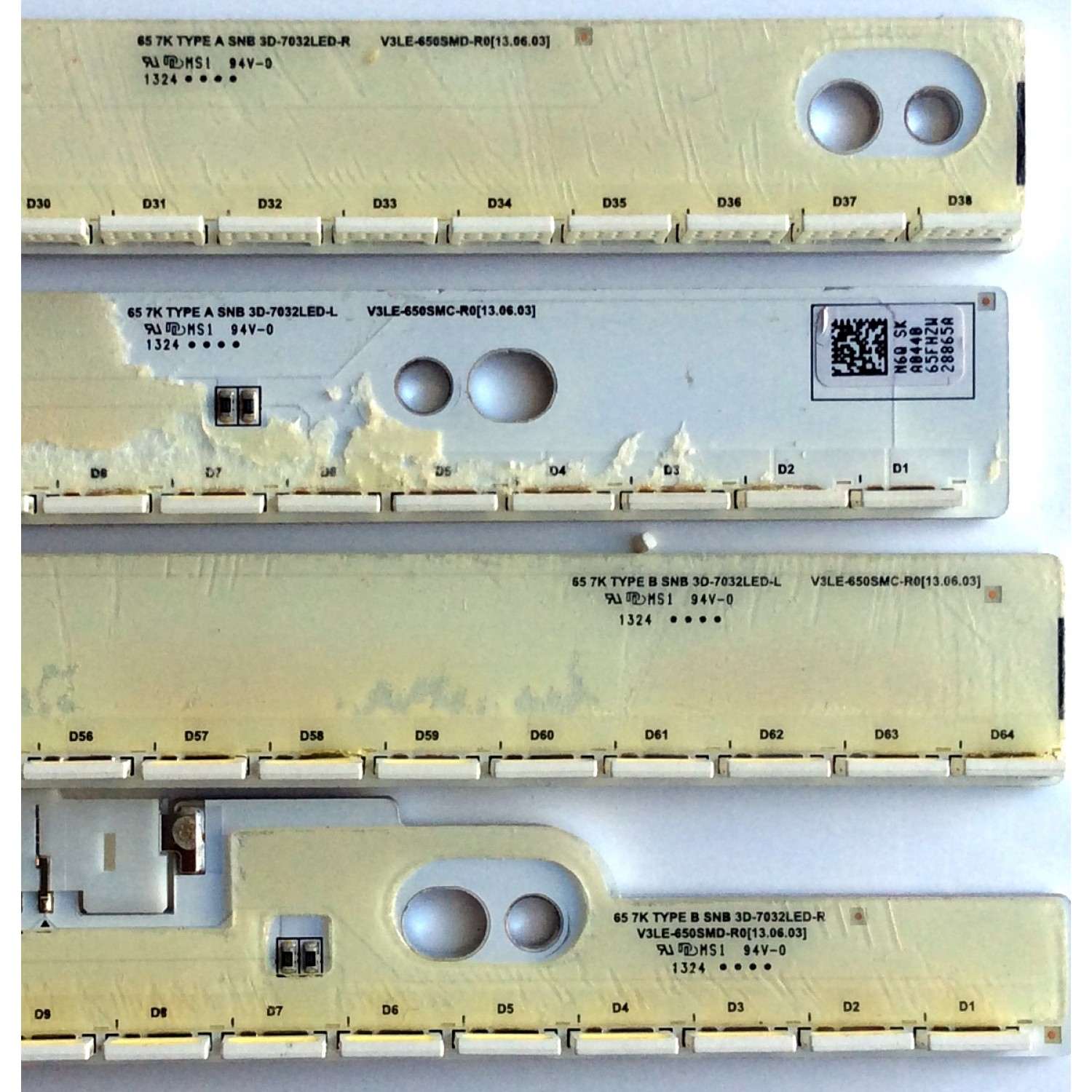 KIT DE LED´S PARA TV (4 PIEZAS) / SAMSUNG / 3D-7032LED-L / V3LE-650SMC-R0 / 3D-7032LED-R / V3LE-650SMD-R0 / 65FHZW / BN96-28865A / BN96-28866A / BN96-28867A / BN96-28868A / 65 7K TYPE B / 65 7K TYPE A / PANEL CY-SF650DSLV1H / MODELO UN65F7100AFXZA TH02 - Imagen 5