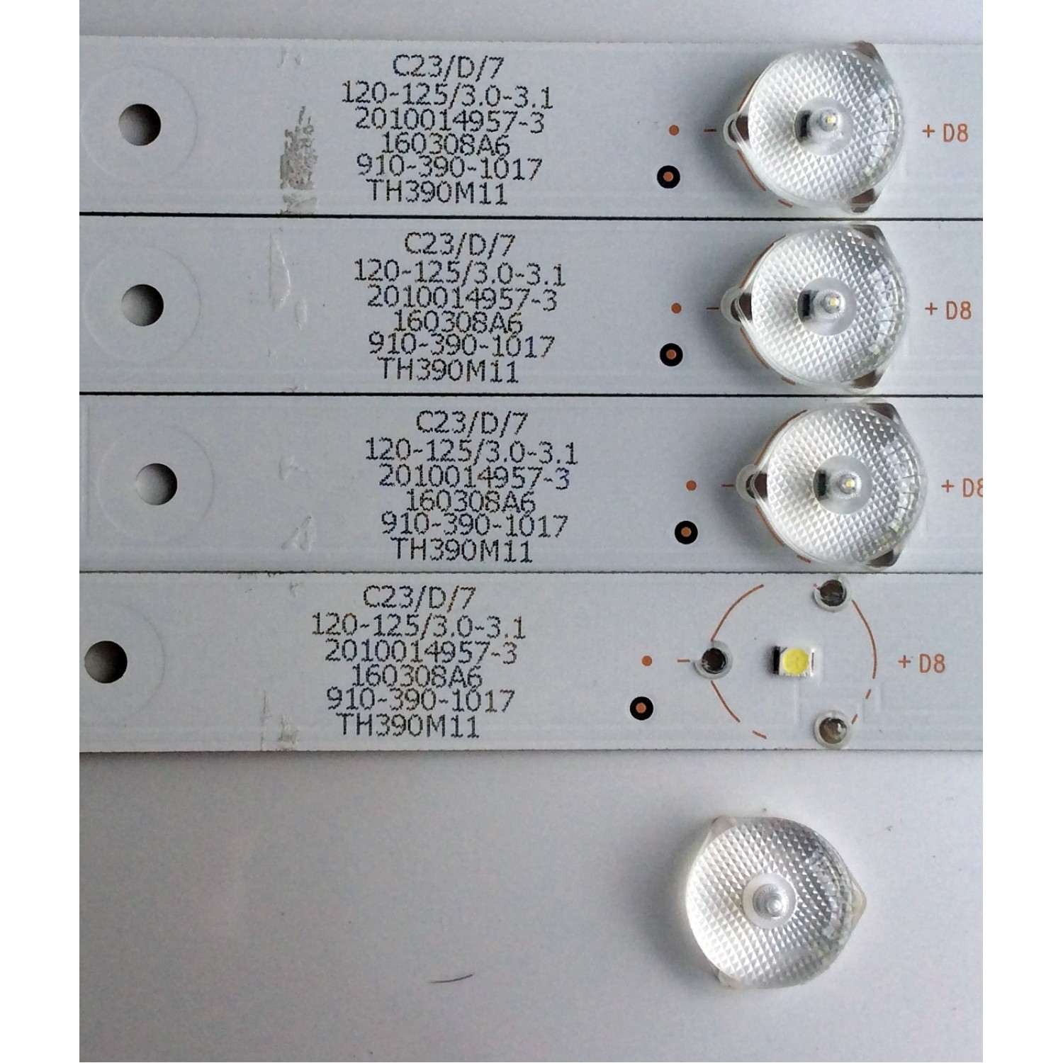 KIT DE LED´S PARA TV (4 PIEZAS) / ELEMENT TFGJ39D09-ZC21FG-03 / E469119 / 303TH390042 / C23/D/7 / 120-125/3.0-3.1 / 2010014957-3 / TH390M11 / 160308A6 / 910-390-1017 / PANEL T390HVN01.0 / MODELO ELEFW3916 - Imagen 3