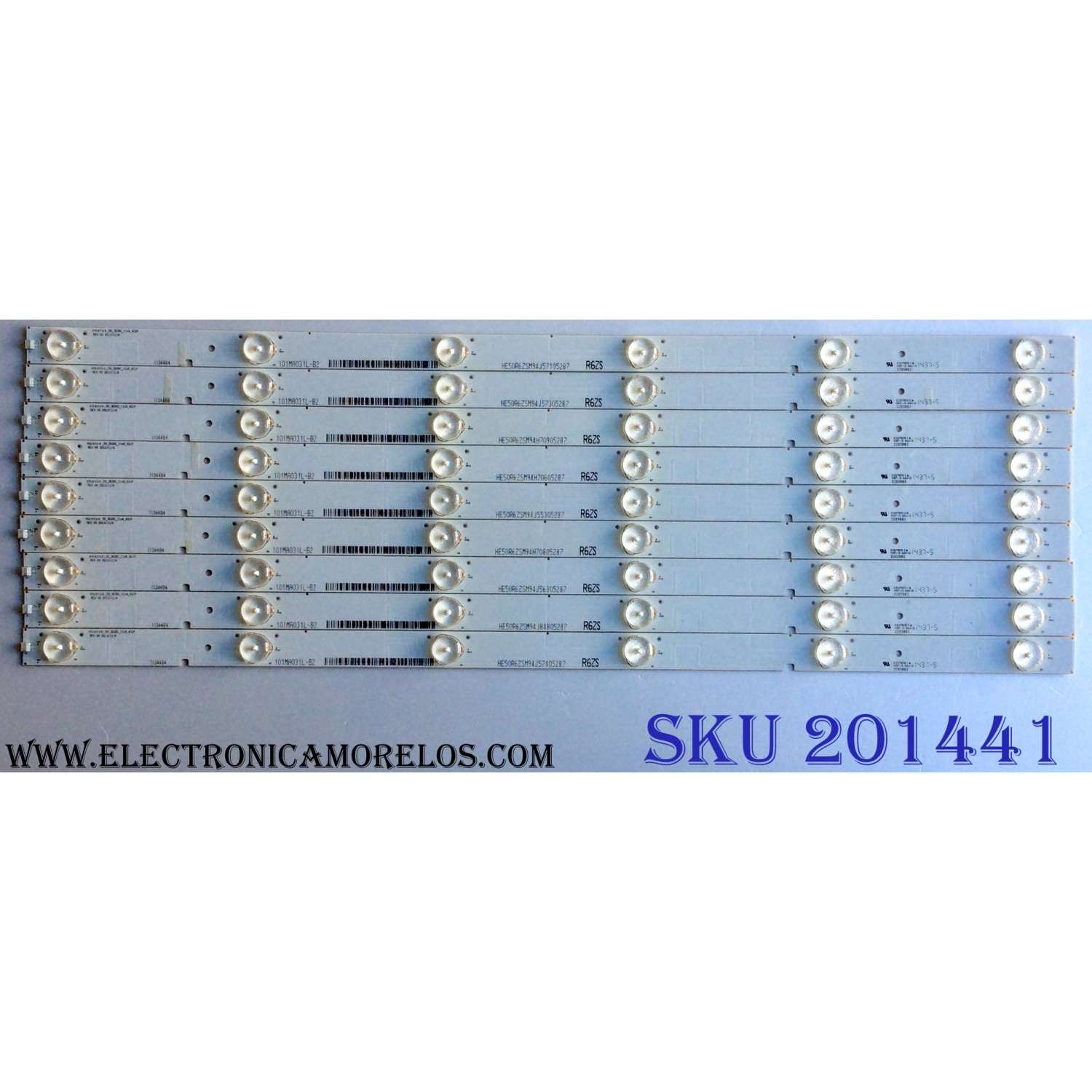 KIT DE LED´S PARA TV ((INCOMPLETO SOLO 9 PIEZAS)) / INSIGNIA HE50R6ZSM94J / 101MA031L-B2 / 1134484 / HISENSE_50_3030C_11x6_6S1P / PANEL HD500DF-B57(010)\T1\S1\GM\ROH / MODELO NS-50D550NA15	