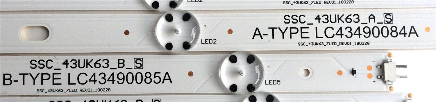 KIT DE LED´S PARA TV LG ((6 PIEZAS)) / NUMERO DE PARTE SSC_43UK63_A_S / SSC_43UK63_B_S / SSC_43UK63_7LED_REV01_180228 / LGD43091 / A-TYPE LC43490084A / B-TYPE LC43490085A / PANEL NC430DGG / NC430DUE / MODELOS 43UK6200PUA-UA / 43LM5700PUA / 43UN7000PUB - Imagen 2