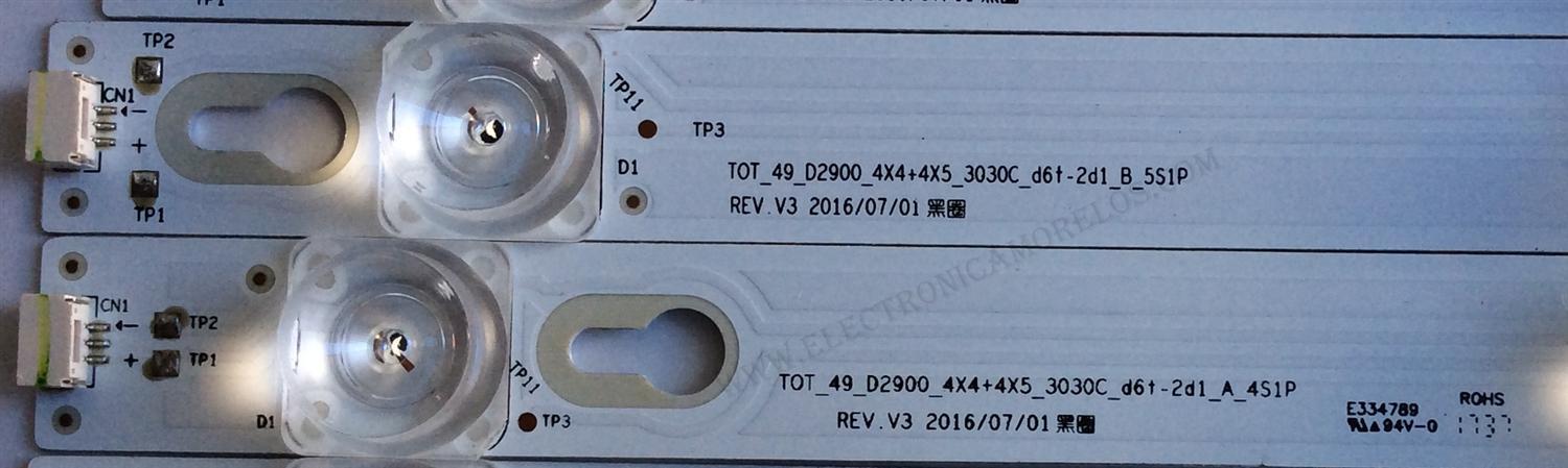 KIT DE LED'S PARA TV ((8 PIEZAS)) / NUMERO DE PARTE 4C-LB4904-YH04J / 4C-LB4905-YH04J / TOT_49_D2900_4X4+4X5_3030C_D6t-2d1_A_4S1P / TOT_49_D2900_4X4+4X5_3030C_D6t-2d1_B_5S1P / PANEL LVU490ND1L / MODELOS 49S350 / 49S403TCBA / 49S403TBAA - Imagen 2