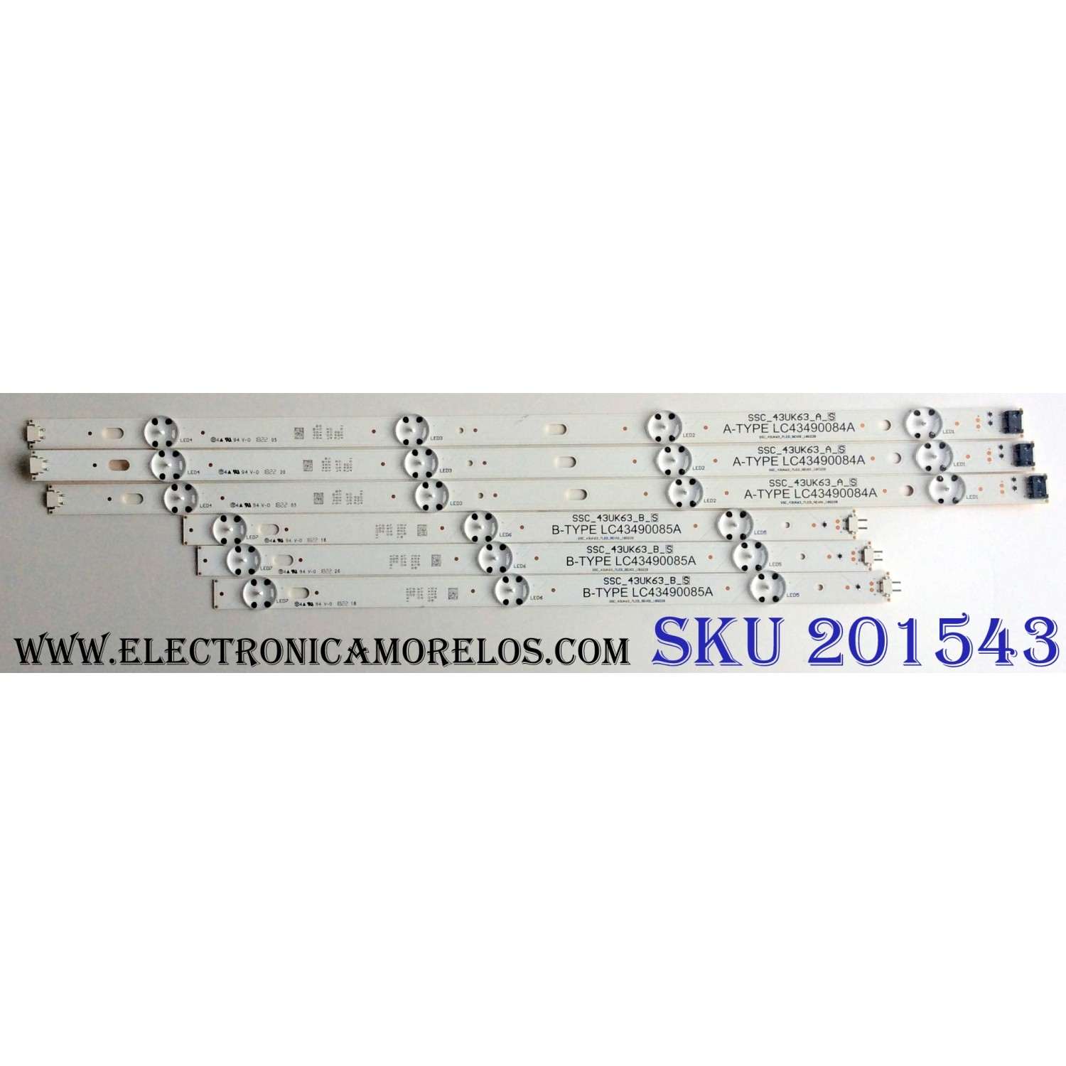 KIT DE LED´S PARA TV LG ((6 PIEZAS)) / NUMERO DE PARTE SSC_43UK63_A_S / SSC_43UK63_B_S / SSC_43UK63_7LED_REV01_180228 / LGD43091 / A-TYPE LC43490084A / B-TYPE LC43490085A / PANEL NC430DGG / NC430DUE / MODELOS 43UK6200PUA-UA / 43LM5700PUA / 43UN7000PUB