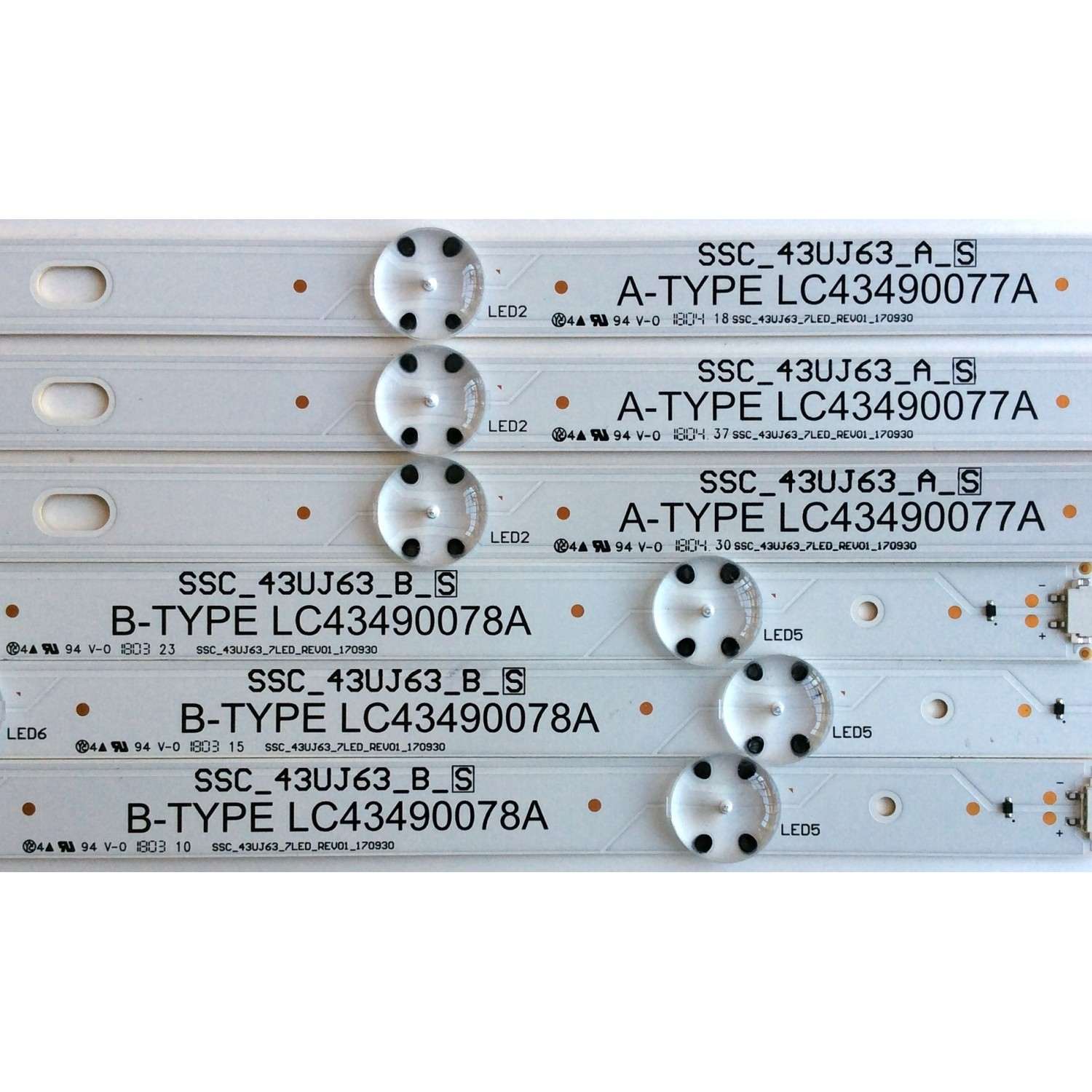 KIT DE LED'S PARA TV (6 PIEZAS) / LG A-TYPE LC43490077A / B-TYPE LC43490078A / LC43490077A / LC43490078A / SSC_43UJ63_A_S / SSC_43UJ63_B_S / SSC_43UJ63_7LED_REV01_170930 / LGD43077 / PANEL NC430DGG-AAFX3 / 43UJ6300-UA / 43UJ6300-UA.BUSYLJM - Imagen 4