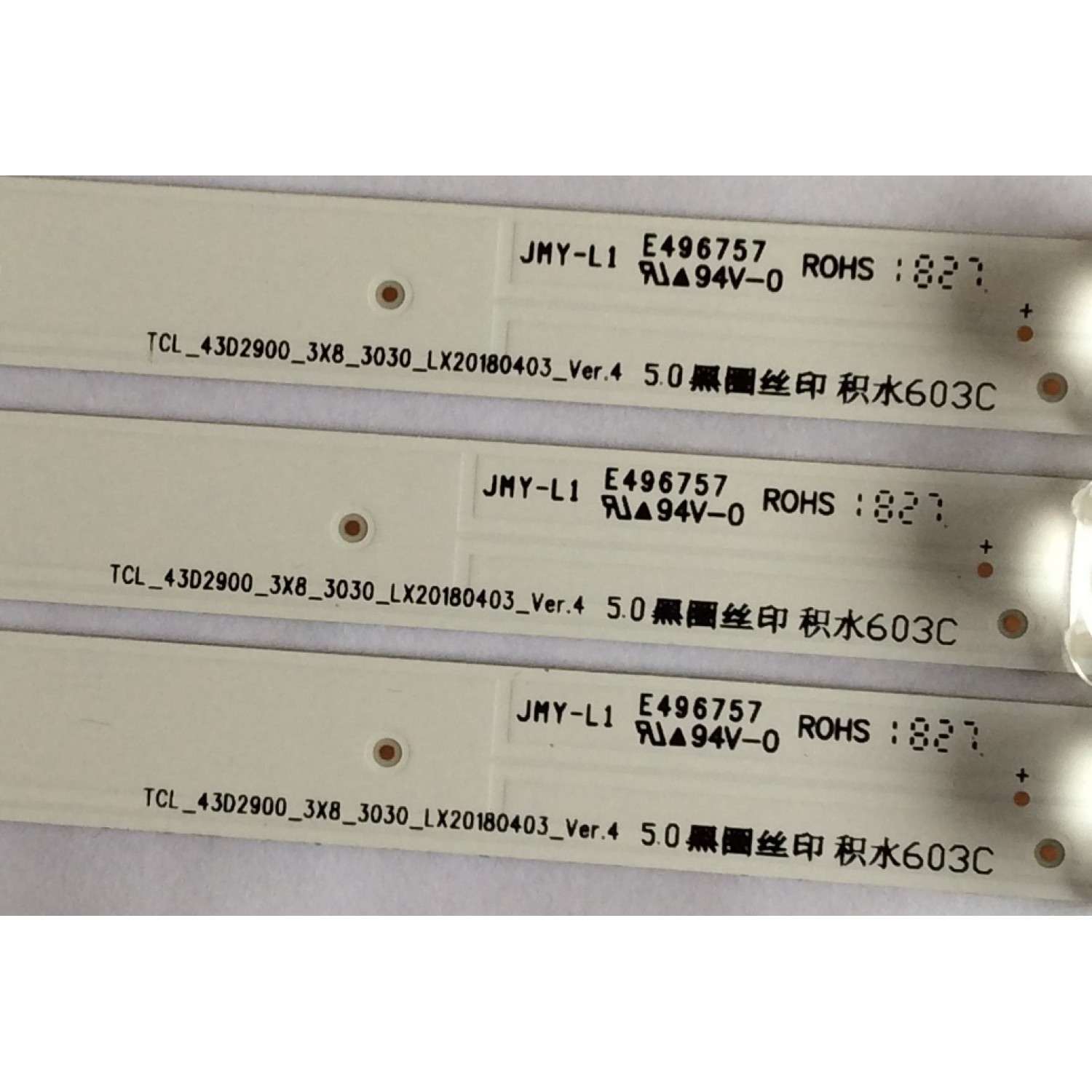 KIT DE LED'S PARA TV TCL ((3 PIEZAS)) / NUMERO DE PARTE 4C-LB4308-YH09J / TCL_43D2900_3X8_3030_LX20180403_VER.4 / 43D2900 / LX20180403 / PANEL LVU430ND1L / MODELOS 43S403 / 43S405 - Imagen 4