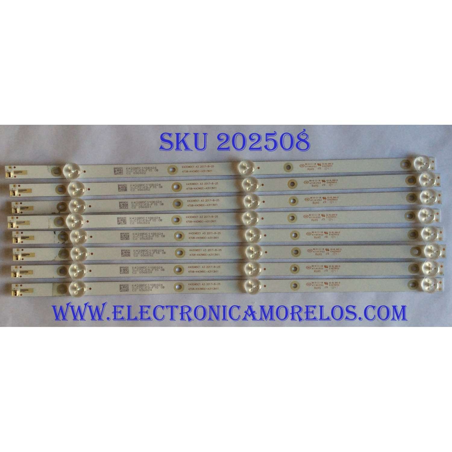 KIT DE LED`S PARA TV (8 PIEZAS) / WBOX 4708-K43WDC-A3113N11 / 471R1P53 / K430WDC1 A3 / K430WDC118B024 / X-C72-K9-F15 / E465853 / PANEL K430WDC2 / MODELOS 0E-43LED4K / 0E-43LEDK 