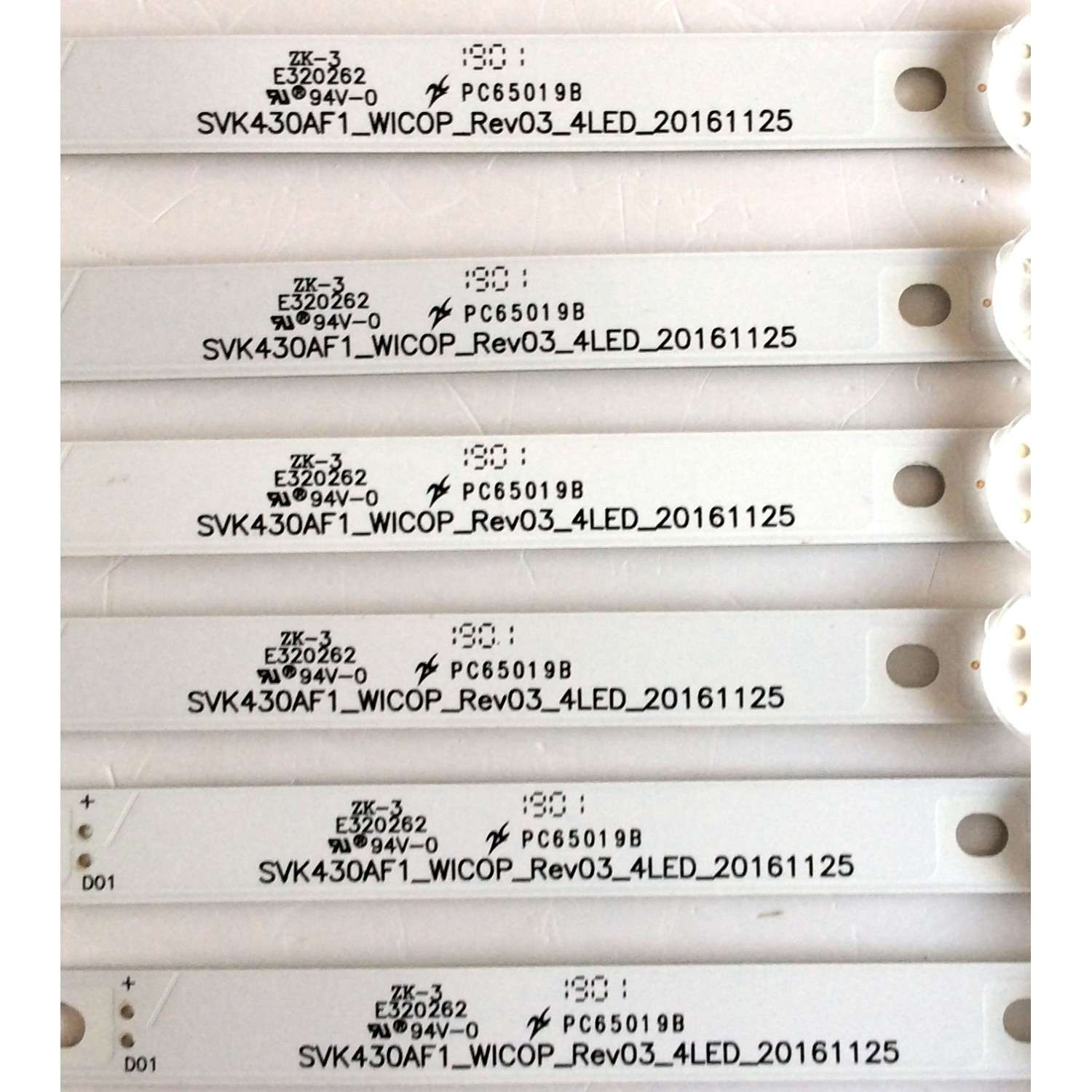 KIT DE LED´S PARA TV / NOTA IMPORTANTE:KIT CUENTA ORIGINALMENTE DE 8 PIEZAS (INCOMPLETO SOLO 6 PIEZAS) /  TOSHIBA SVK430AF1_WICOP_Rev03_4LED_20161125 / E320262 / PC65019 / PC65019B / PANEL´S K430WDRA / K430WDRB / MODELOS 43LF621U19 / 43LF621U19 Rev.A - Imagen 2