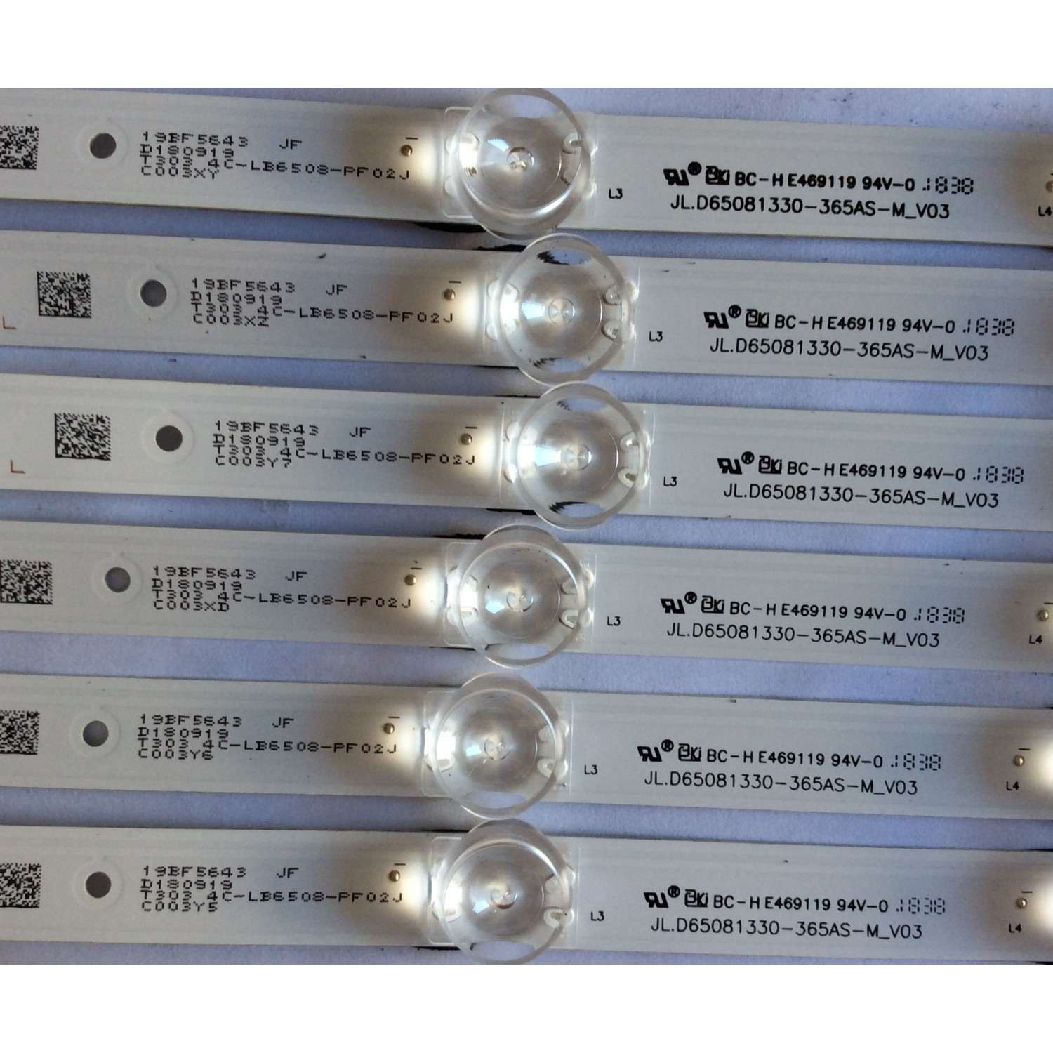 KIT DE LED'S PARA TV TCL ((6 PIEZAS)) / NUMERO DE PARTE JL.D65081330-365AS-M_V03 / JL.D65081330-365AS-M / 4C-LB6508-PF01J / 4C-LB6508-PF02J / PANEL LVU650NDEL / MODELOS 65S423 / 65S423TEAA / 65S423TFAA - Imagen 2
