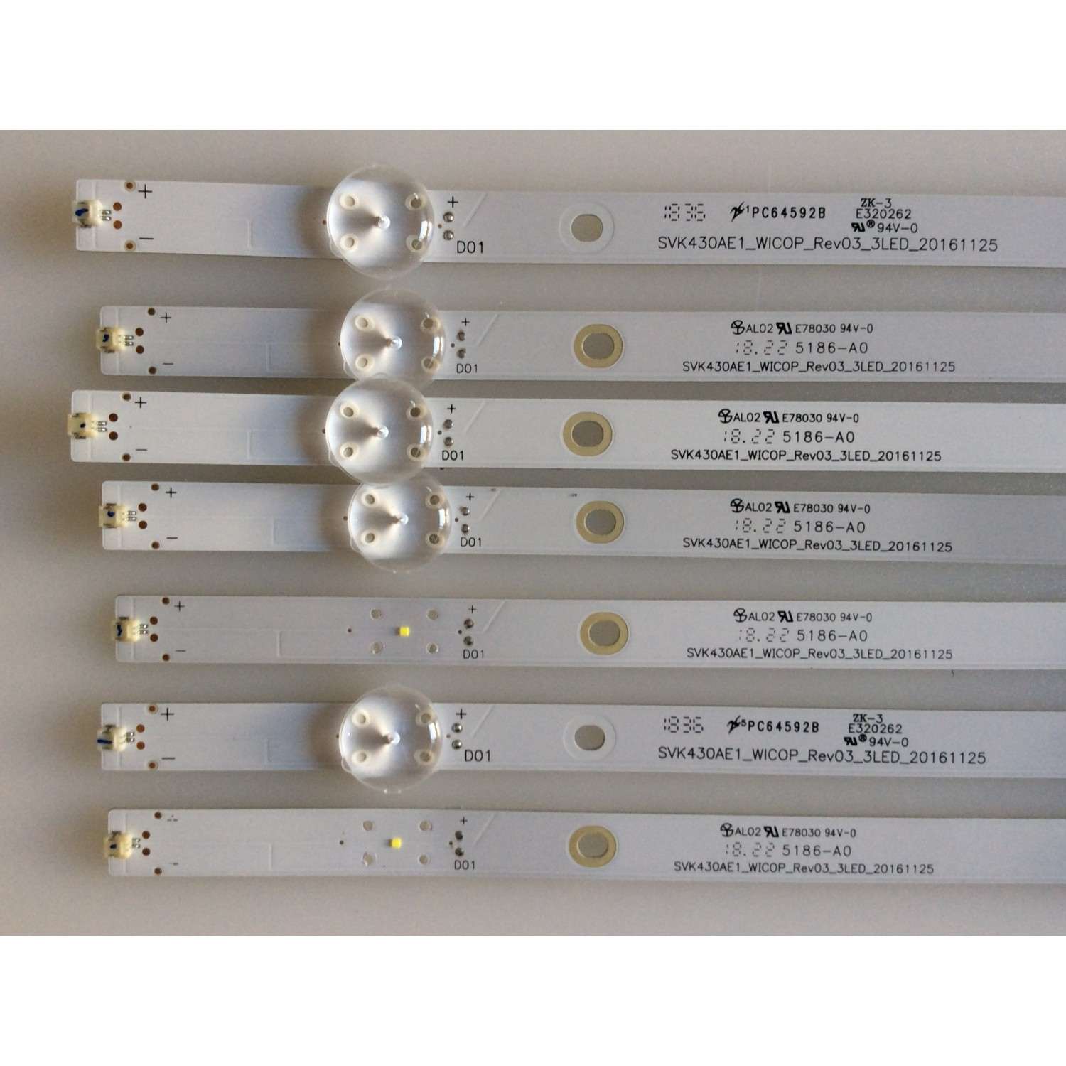 KIT DE LED'S PARA TV TOSHIBA (7 PIEZAS) / SVK430AE1 / SVK430AE1 WICOP REV03 3LED 20161125 / 5186-A0 / PANEL K430WDRB / MODELO 43LF421U19 - Imagen 2