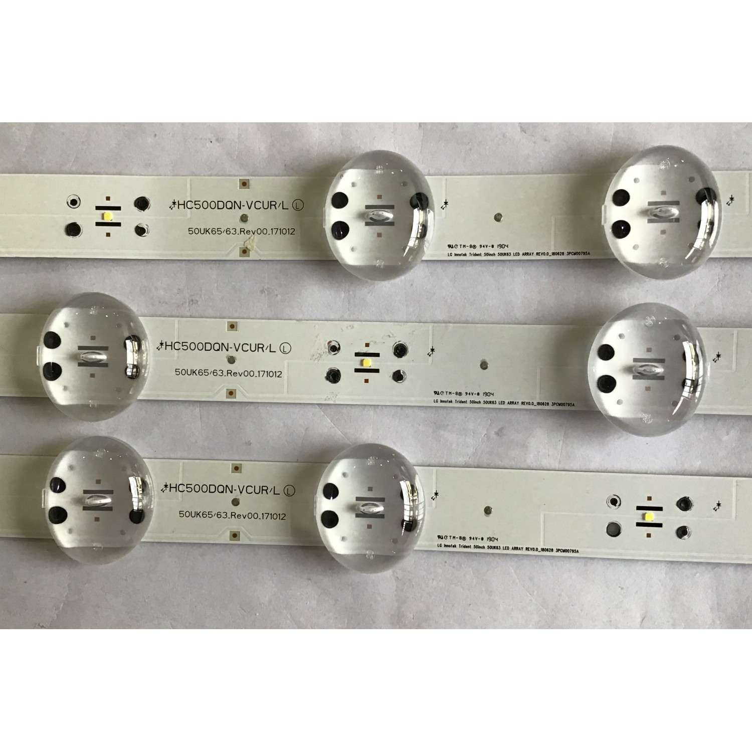 KIT DE LED´S PARA TV LG (3 PIEZAS) / EAV63992802 / HC500DQN-VCUR/L / 50K65/63.REV00.171012 / LG INNOTEK TRIDENT 50INCH 50UK63 LED ARRAY REV0.0_180628 / 3PCM00795A / PANEL NC500DQE / MODELO 50UK6090PUA - Imagen 2