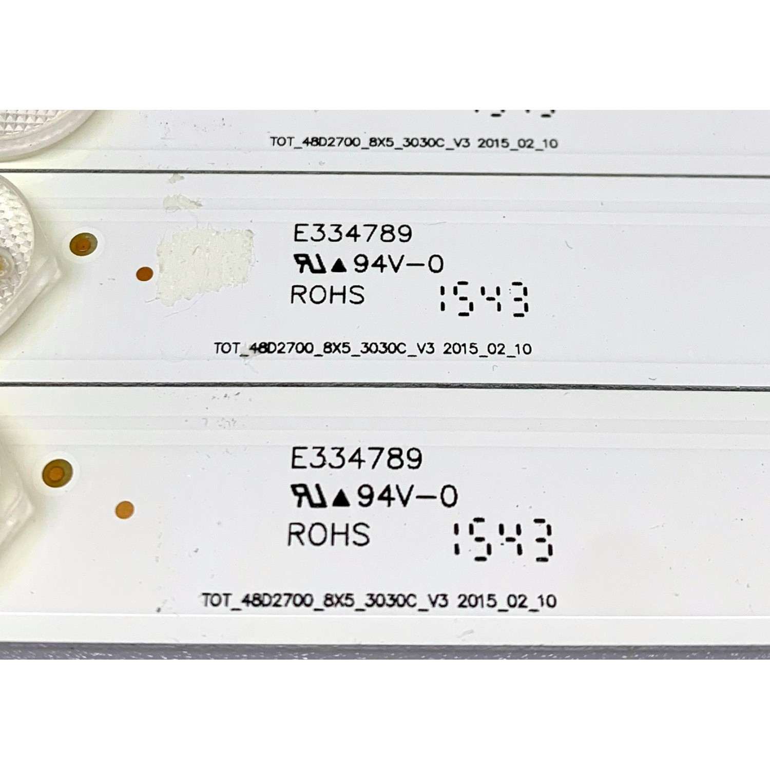 KIT DE LED'S PARA TV TCL ((8 PIEZAS)) / NUMERO DE PARTE TOT_48D2700_8X5_3030C_V3 / 4C-LB4805-YHEX2 / 4C-LB4805-YH1CK / E334789 / PANEL LVF480CS0T / DISPLAY ST4761B02-1 VER2.1 / MODELOS LE48M4S9 / 48FS3750 / 48FD2700 / 48FD2700LBAA - Imagen 3