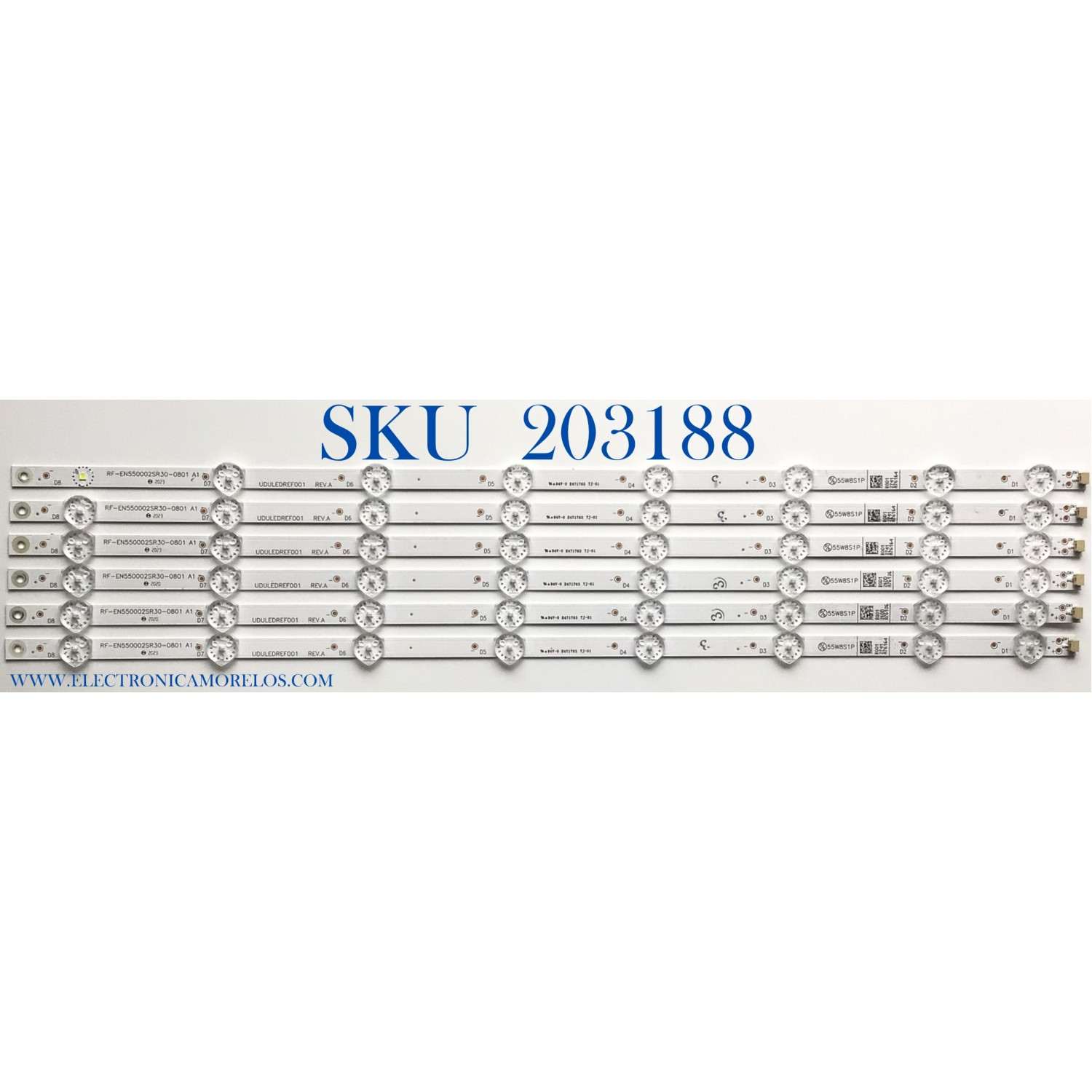 KIT DE LED'S PARA TV PHILIPS ((6 PIEZAS)) / NUMERO DE PARTE UDULEDREF001 / RF-EN550002SR30-0801 / 55W8S1P / UDULEDREF001 REV.A / RF-EN550002SR30-0801 A1 / PANEL HV550QUB / UCFR1XT / UCFR3XT / DISPLAY HV550QUB-F70 REV.2.0 / MODELO 55PFL4864 / 55PFL4756/F7