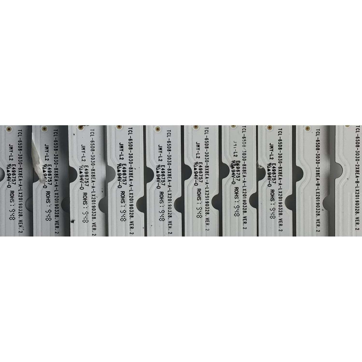 KIT DE LED'S PARA TV TCL (10 PIEZAS) / NUMERO DE PARTE TCL-65D8-3030-8X8EA / TCL-65D8-3030-8X8EA-A-LX20190328.VER.2 / 4C-LB6508-YH / PANEL LVU650NEBL CD9W10 / MODELOS 65S525 / 65S4 - Imagen 2