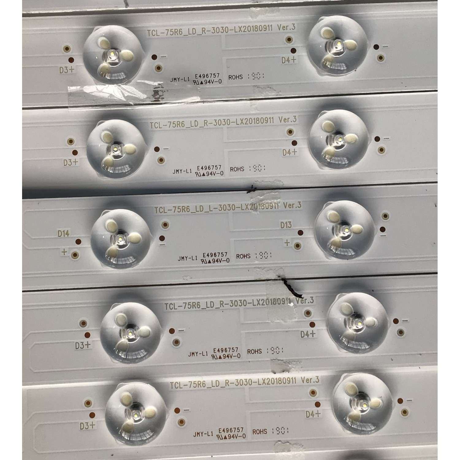 KIT DE LED'S PARA TV TCL (20 PIEZAS) / NUMERO DE PARTE TCL-75R6_LD_L-3030-LX20180911 / YHF-4C-LB7516-YH02J / TCL-75R6_LD_L-3030-LX20180911 VER.3 / PANEL LVU750NDBL / MODELO 75R615 - Imagen 4