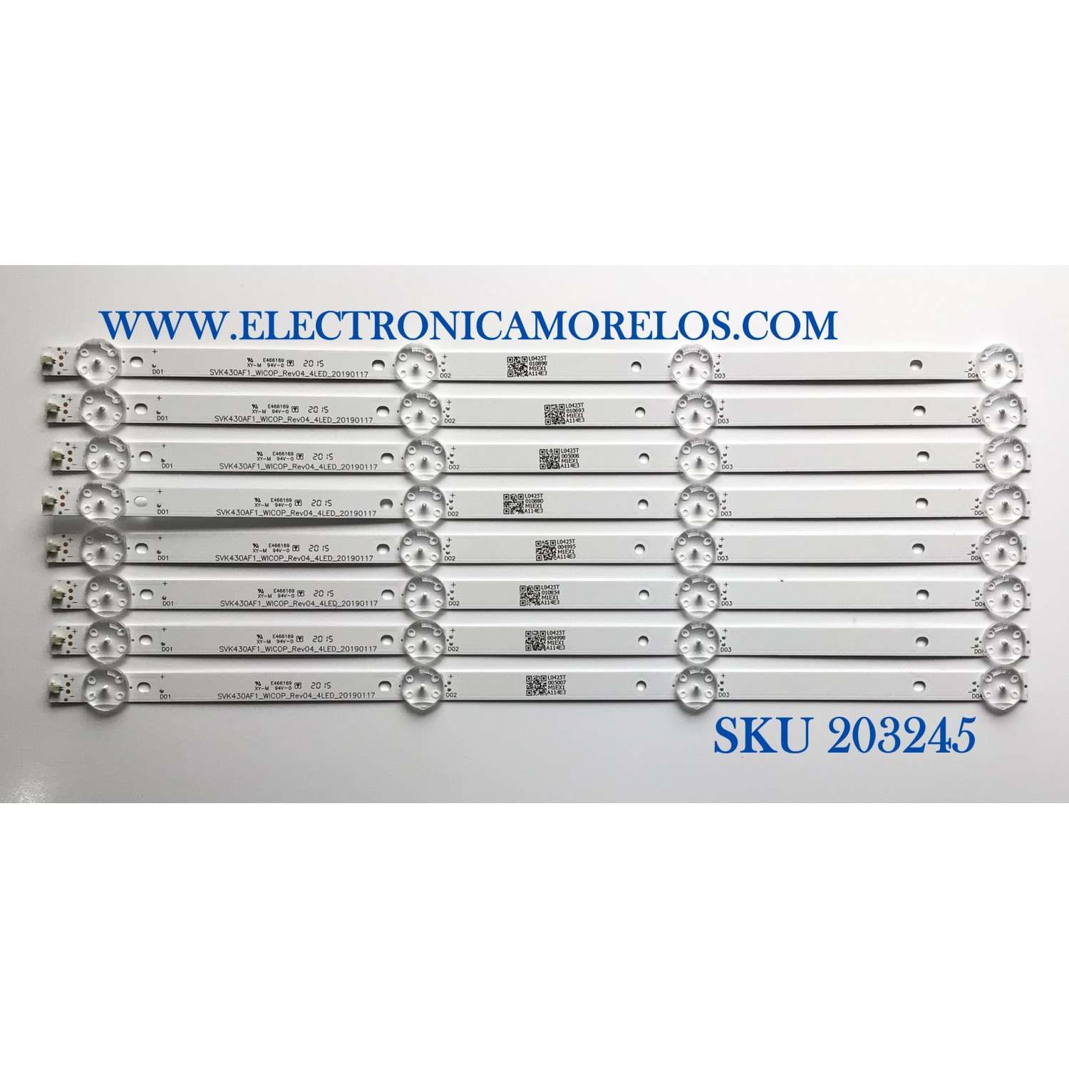 KIT DE LED'S PARA TV TOSHIBA (8 PIEZAS) / NUMERO DE PARTE SVK430AF1_WICOP_REV04_4LED_20190117 / L0425T / M1EX1 / A114E3 / PANEL K430WDRD / MODELO TF-43A810U21