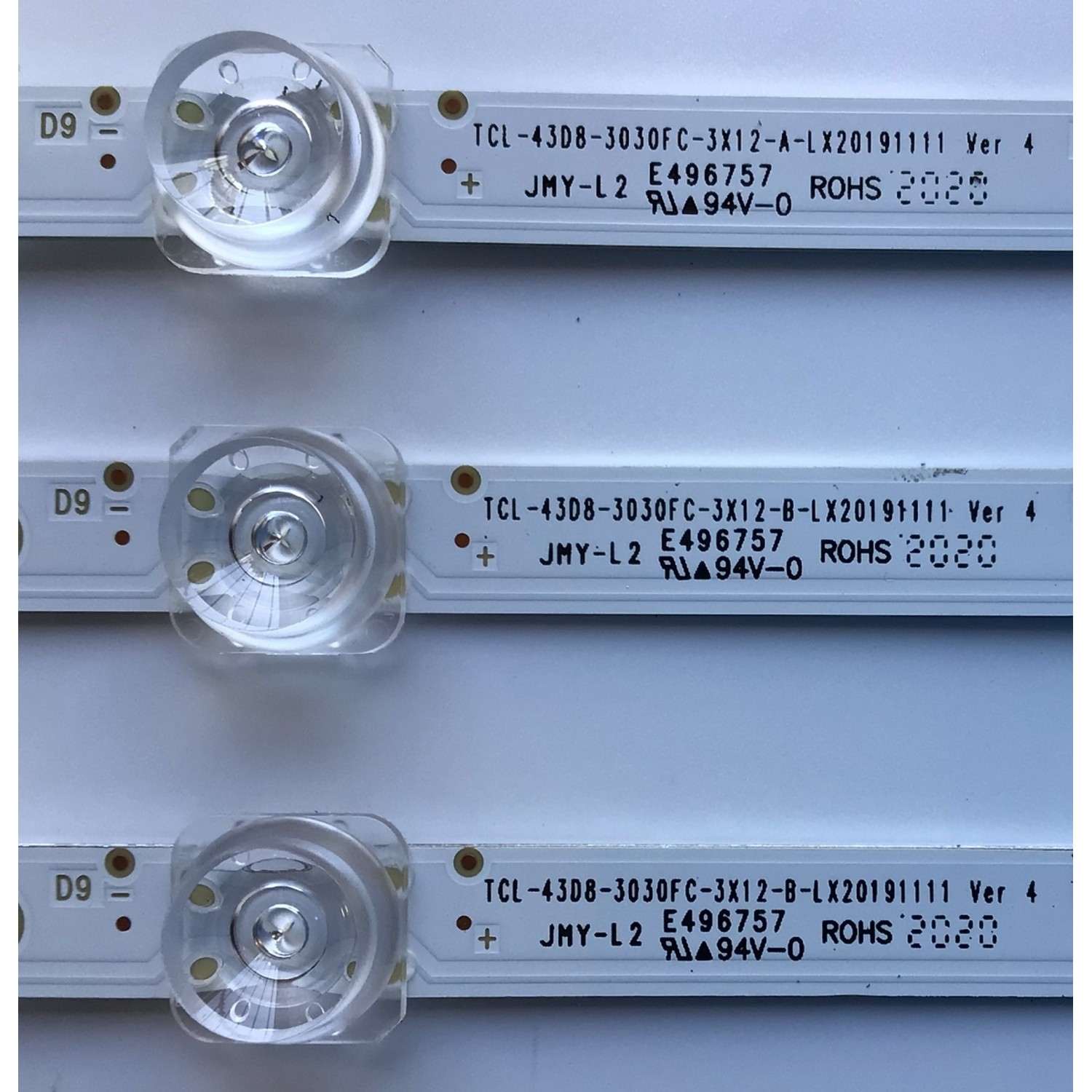 KIT DE LED'S PARA TV TCL (3 PIEZAS) / NUMERO DE PARTE TCL-43D8-3030FC-3X12 / TCL-43D8-3030FC-3X12-A-LX20191111 VER 4 / TCL-43D8-3030FC-3X12-A-LX20191111 VER 4 / YHE-4C-LB4312-YH / PANEL LVU430NEBL CD9W00 / MODELO 43S525 - Imagen 2