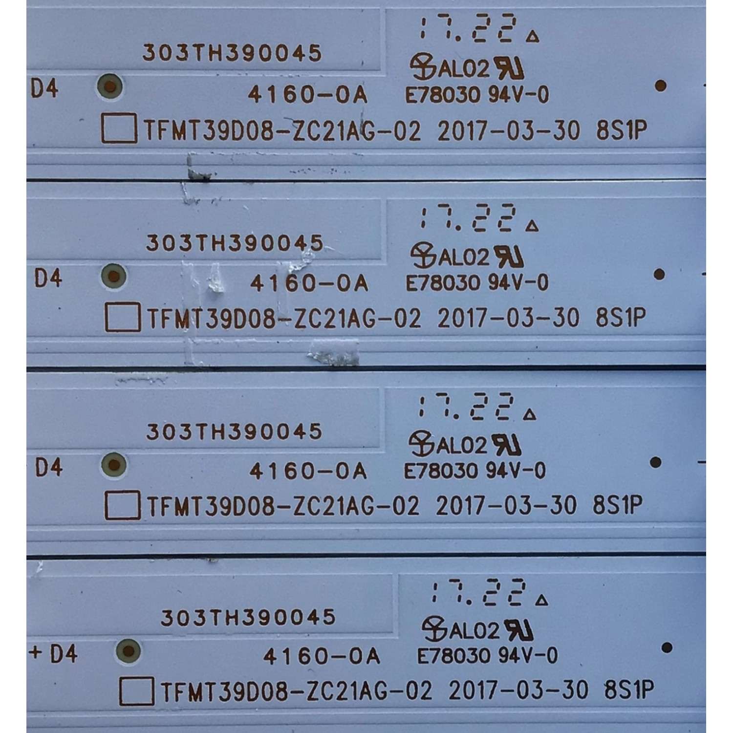 KIT DE LED'S PARA TV ELEMENT (4 PIEZAS) / NUMERO DE PARTE 303TH390045 / TFMT39D08-ZC21AG-02 / TH390M15 / 112600033 / PANEL T390DXB(P)-(DLED) / MODELO ELEFW3916 - Imagen 4