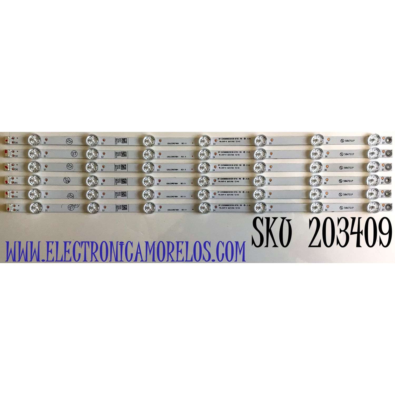 KIT DE LED'S PARA TV PHILIPS / (6 PIEZAS) / NUMERO DE PARTE UDULEDREF004 / RF-EN500002SR30-0701  A0 / UDULEDREF004  REV.A / 50W7S1P / MODELO 50PFL5604/F7  A