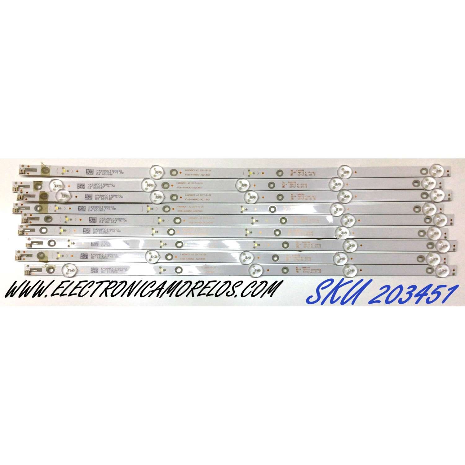 KIT DE LED'S PARA TV W BOX (9 PIEZAS) / NUMERO DE PARTE 4708-K49WDC-A2213N01 / K490WDC1 A2 / K490WDC1188072 / 471R1P62 / PANEL K490WDC2 / MODELO 0E-49LED4K / IM-49US820
