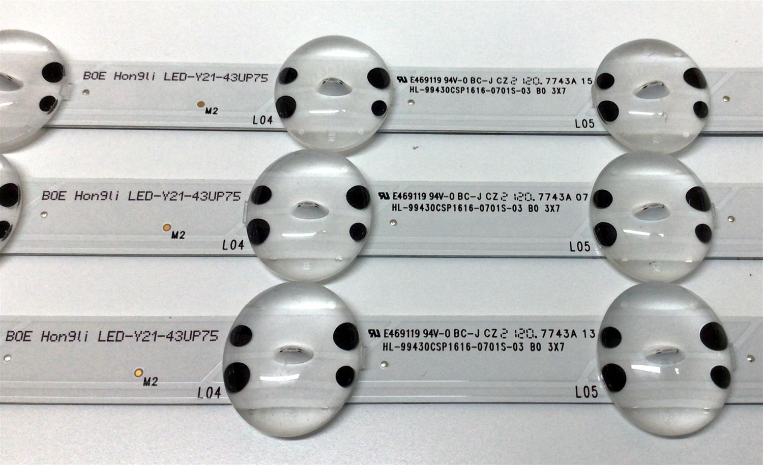 KIT DE LED'S PARA TV LG ((3 PIEZAS)) / NUMERO DE PARTE EAV65022401 / HL-99430CSP1616-0701S-03 B0 3X7 / LED-Y21-43UP75 / 43007S / DISPLAY HV430QUB-F7D / MODELOS 43UP7560AUD / 43UP7560AUD.BUSGLJM / 43UP75006LF / 43UP7500PSF / 43UP7500PSF.AWZGLJZ - Imagen 3