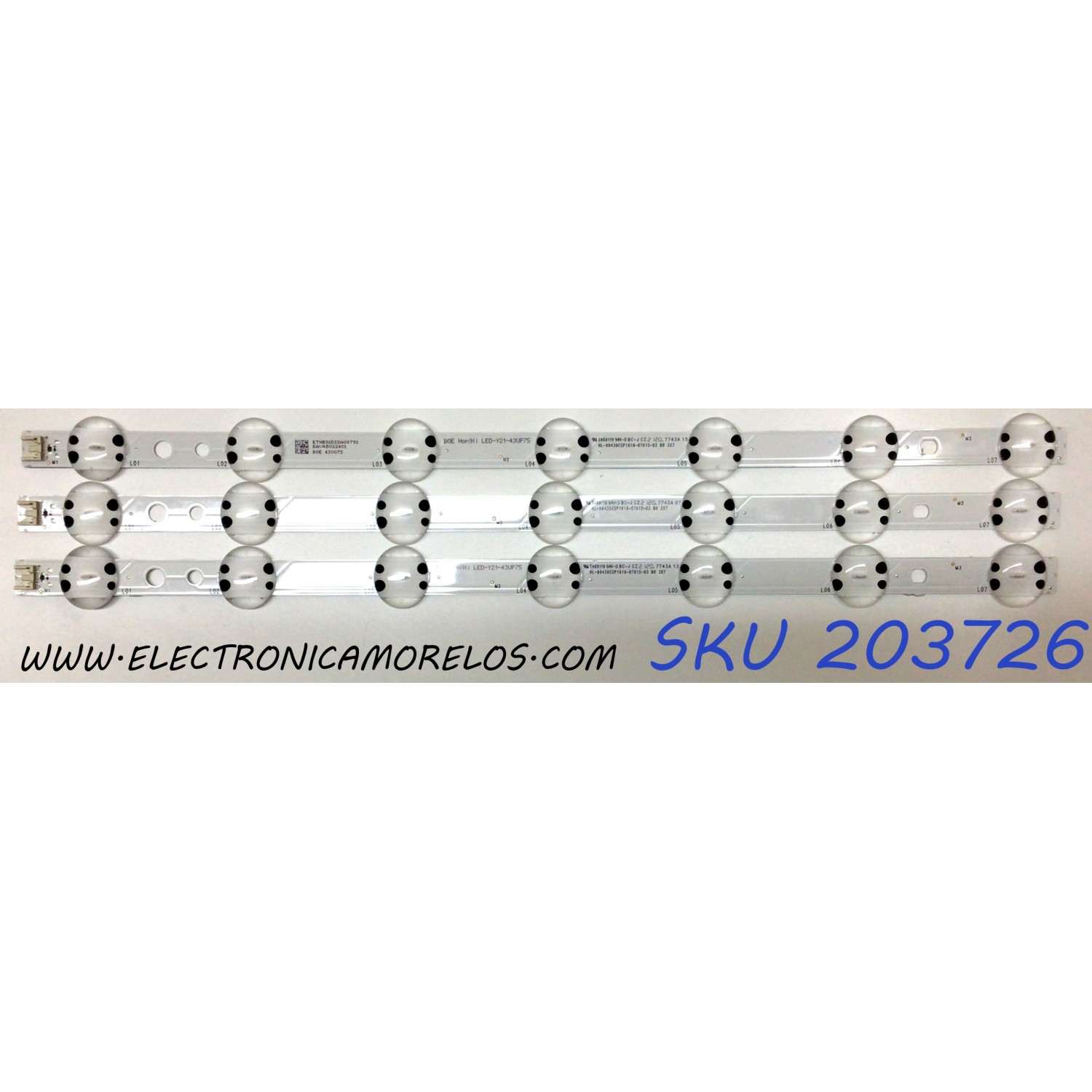 KIT DE LED'S PARA TV LG ((3 PIEZAS)) / NUMERO DE PARTE EAV65022401 / HL-99430CSP1616-0701S-03 B0 3X7 / LED-Y21-43UP75 / 43007S / DISPLAY HV430QUB-F7D / MODELOS 43UP7560AUD / 43UP7560AUD.BUSGLJM / 43UP75006LF / 43UP7500PSF / 43UP7500PSF.AWZGLJZ