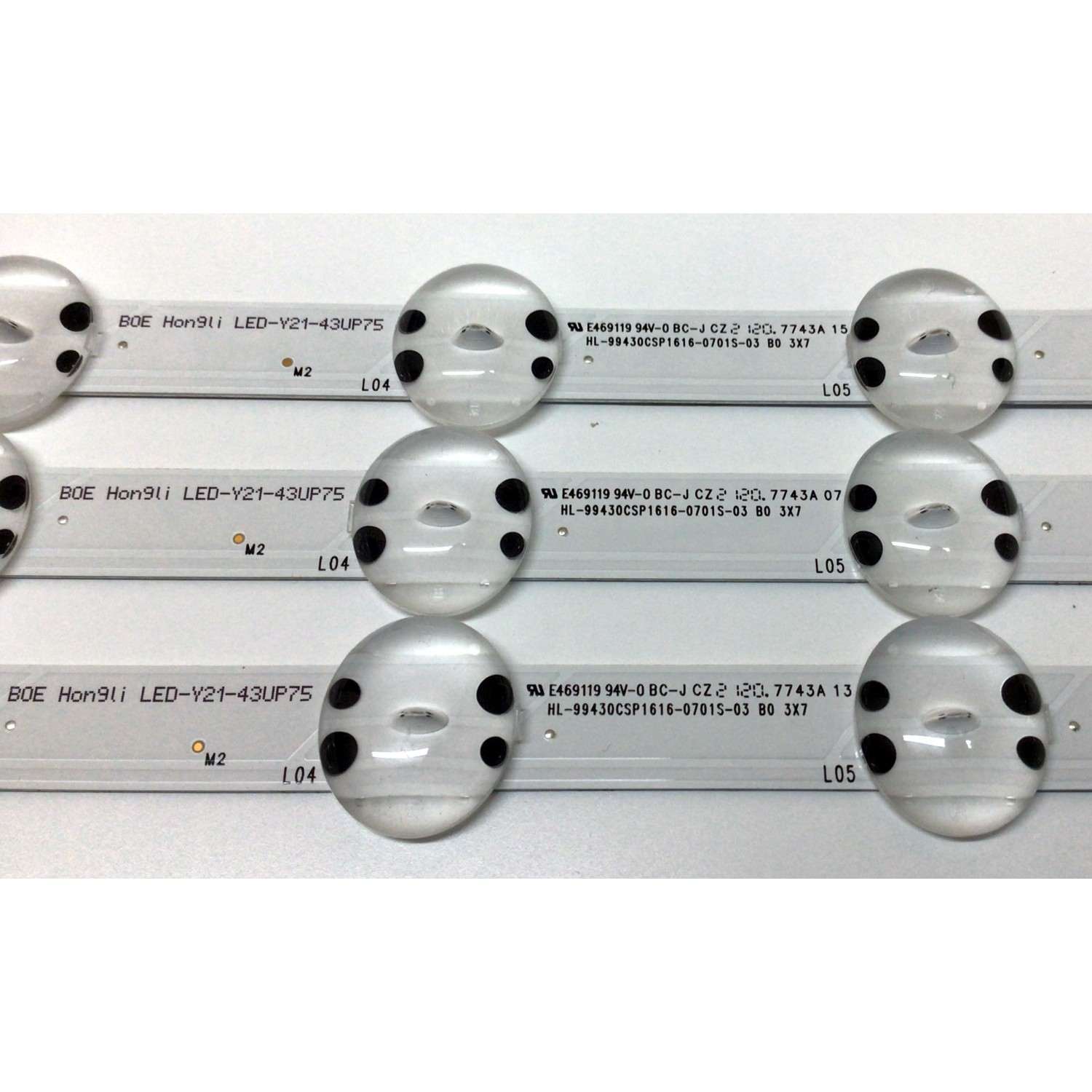 KIT DE LED'S PARA TV LG ((3 PIEZAS)) / NUMERO DE PARTE EAV65022401 / HL-99430CSP1616-0701S-03 B0 3X7 / LED-Y21-43UP75 / 43007S / DISPLAY HV430QUB-F7D / MODELOS 43UP7560AUD / 43UP7560AUD.BUSGLJM / 43UP75006LF / 43UP7500PSF / 43UP7500PSF.AWZGLJZ - Imagen 3