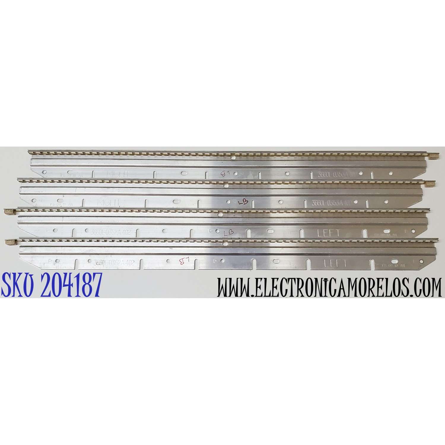 KIT DE LED'S PARA TV INSIGNIA ((4 PIEZAS)) / NUMERO DE PARTE 6920L-0050B / 6920L-0050A / 3660L-0352A 402 / 3660L-0353A 402 / 100507 / GBB09Q0A25 / PANEL LTA400HM07 / MODELO NS-40L240A13