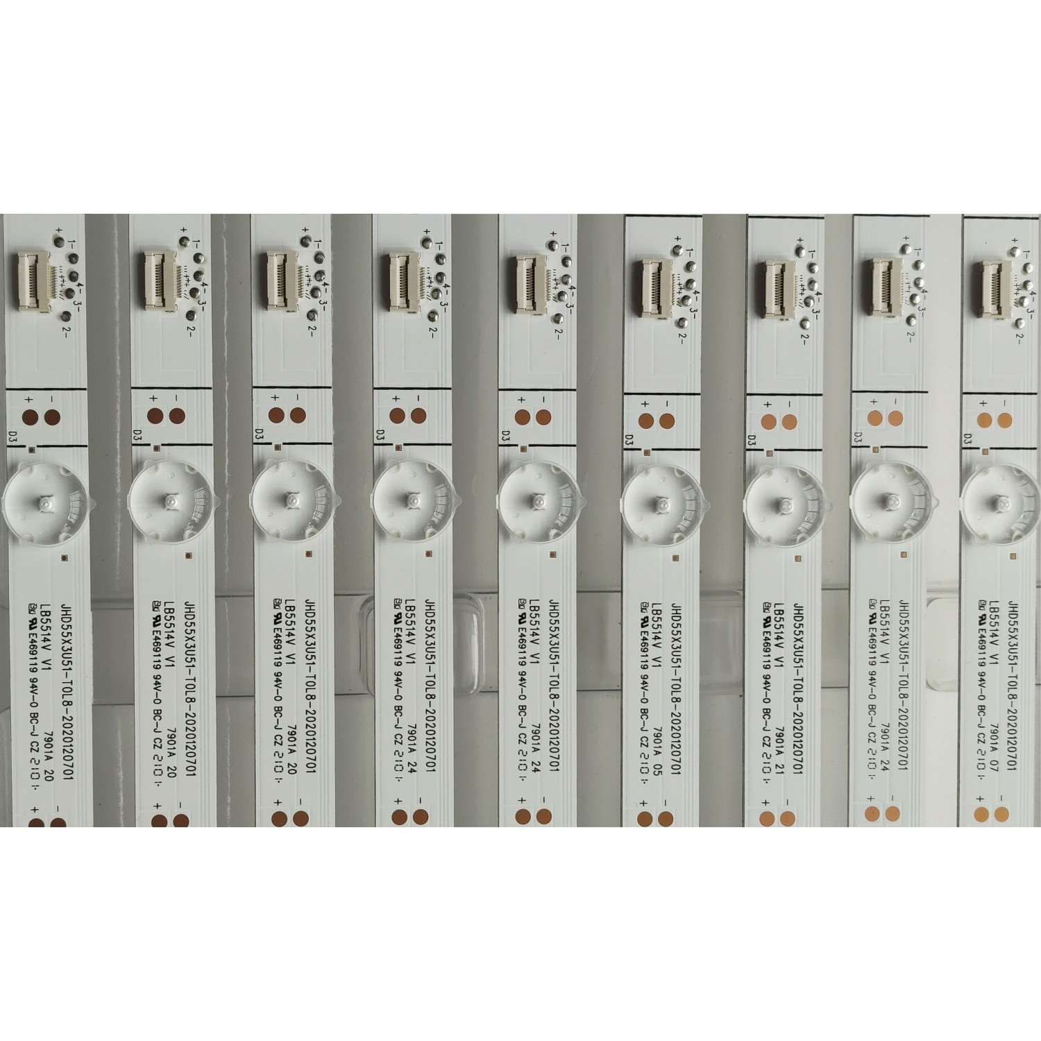 KIT DE LED´S (( NUEVOS )) PARA TV HISENSE (( 9 PZ )) NUMERO DE PARTE LB5514V V1 / JHD55X3U51-T0L8-2020120701 / 1252620 HE55 B1L00344 / 1252620 HE55 B1L00344 / HE55 B1L 00344 / PANEL JHD55X3U51-T0L8B2/S0/GM/ROH / MODELOS 55U6G / 55U6GR / 55U6GR5 - Imagen 2