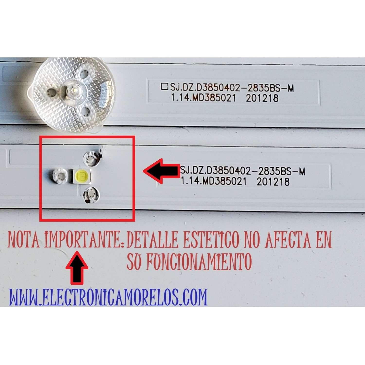 KIT DE LED'S PARA TV QUASAR ((3 PIEZAS)) / NUMERO DE PARTE SJ.DZ.D3850402-2835BS-M / 1.14.MD385021 / 201218 / 385A06K / 0A4R-1.17.01.0000172-000-D5-136T08V2C / 210714D5-02040-DK.D385S02-24565-DR1026 / PANEL DXLC390TA2A / DISPLAY LC390TA2A / MODELO Q39HD1 - Imagen 2