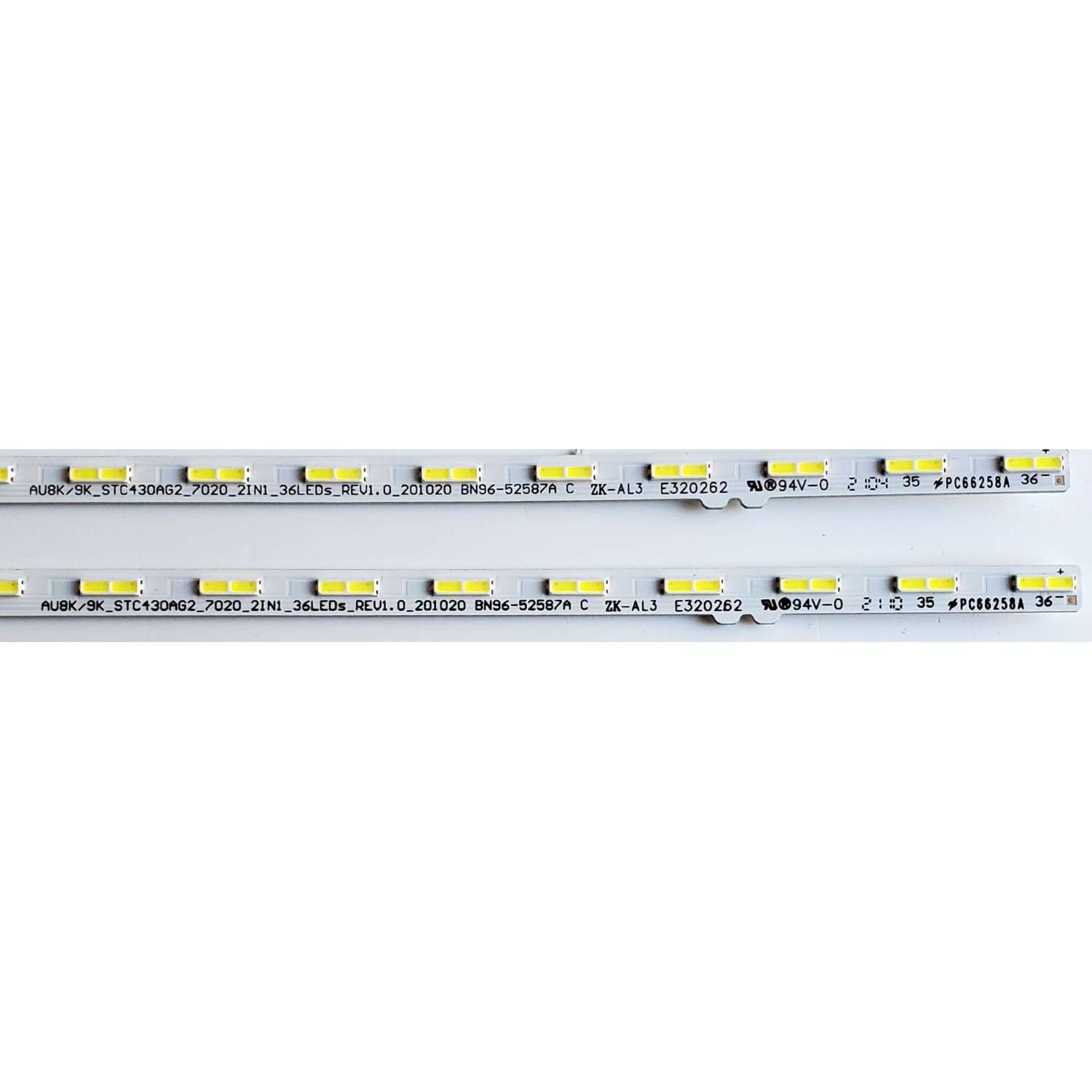KIT DE LED'S PARA TV SAMSUNG ((2 PIEZAS)) / NUMERO DE PARTE BN96-52587A / STC430AG2 / AU8K/9K_STC430AG2_7020_21N1_36LEDS_REV1.0_201020 / E32062 / PANEL CY-SA043HGEY1V / MODELOS UN43AU8000 / UE43AU8005K - Imagen 2