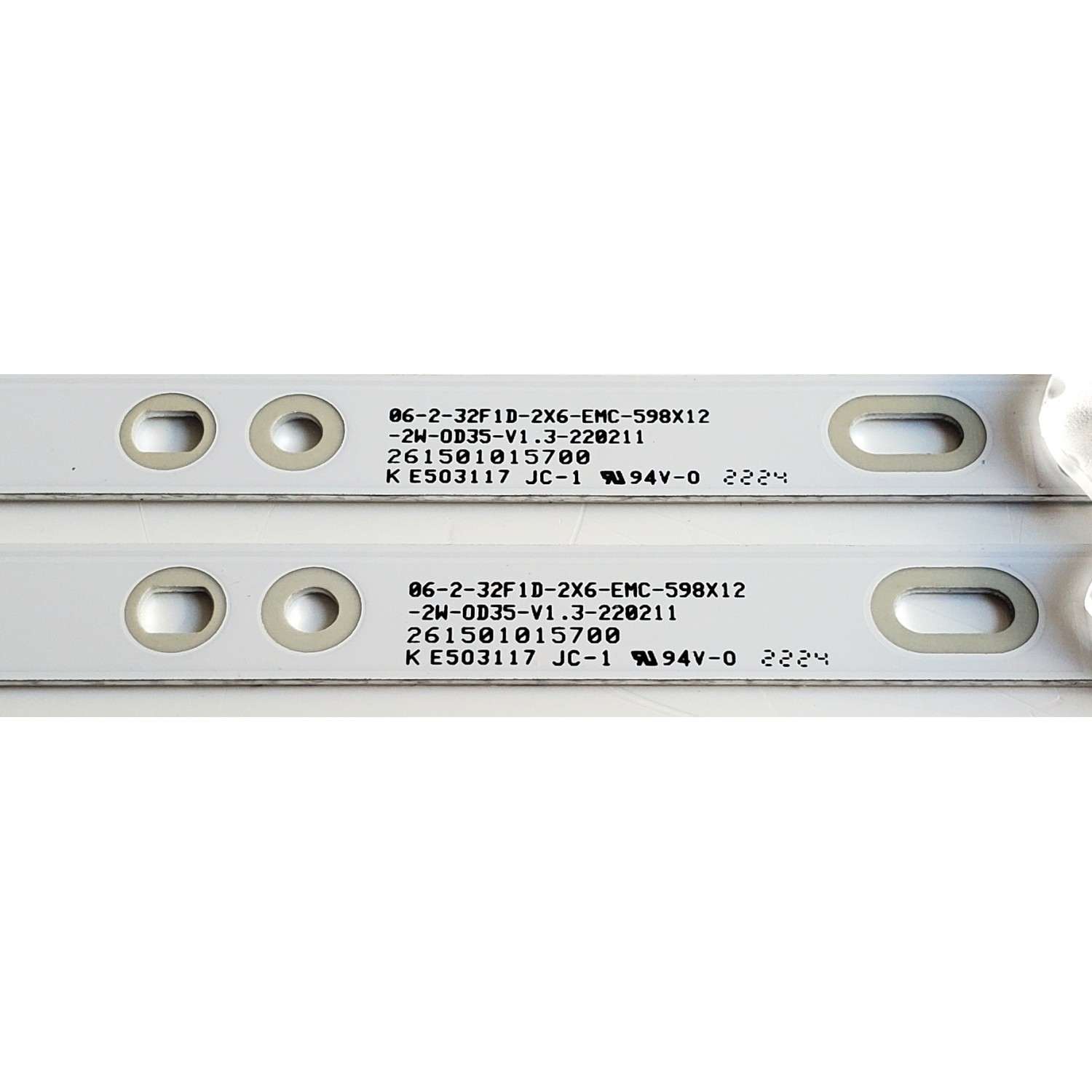 KIT DE LED'S PARA TV JVC ((2 PIEZAS)) / NUMERO DE PARTE 261501015700 / 230101020080 / 06-2-32F1D-2X6-EMC-598X12 / E503117 / 06-2-32F1D-2X6-EMC-598X12-2W-0D35-V1.3-220211 / PANEL HK315LEDM-JH4ZH / DISPLAY PT320AT02-2 VER.2.0 / MODELOS SI32R / WR32HX2210 - Imagen 2