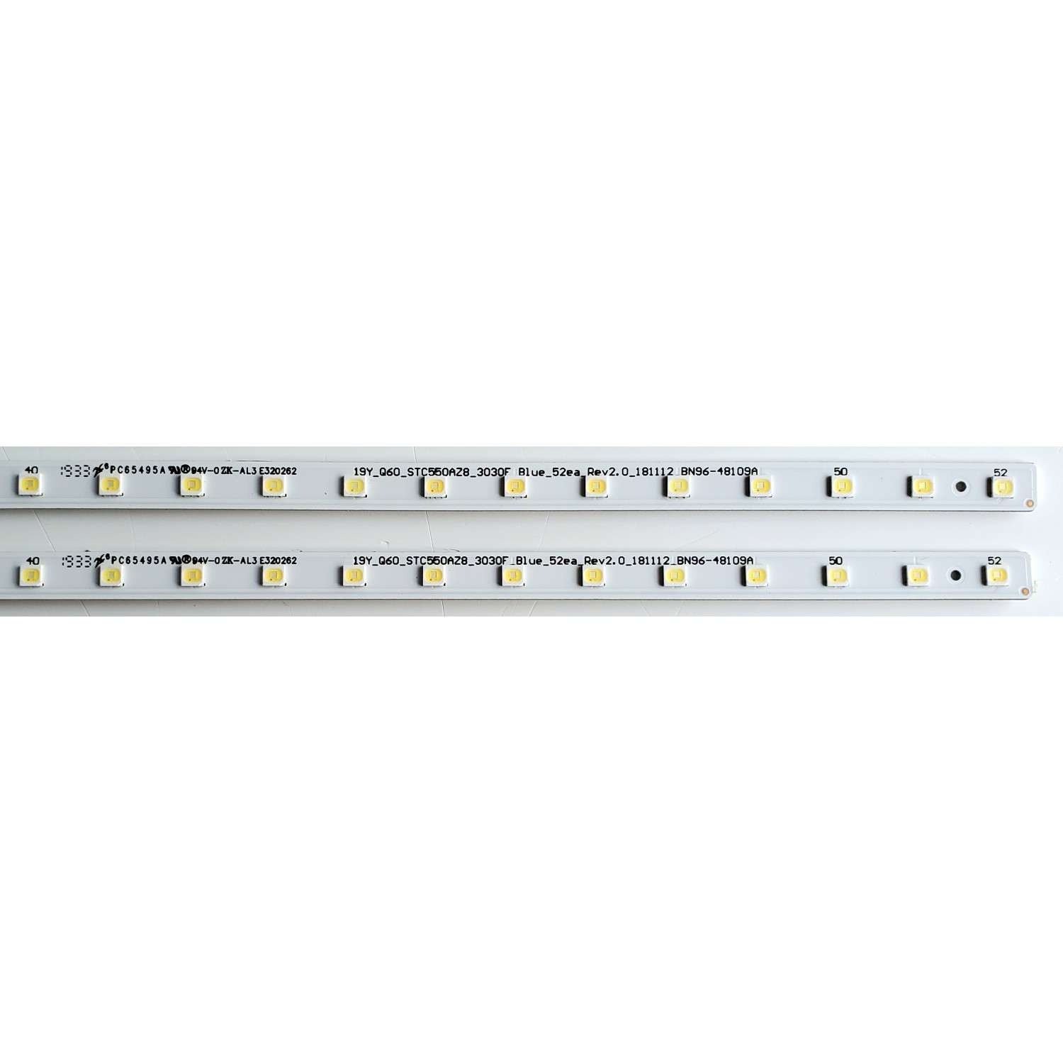 KIT DE LED'S PARA TV SAMSUNG ((2 PIEZAS)) / NUMERO DE PARTE BN96-48109A / 19Y_Q60_STC550AZ8_3030F_Blue_52ea_Rev2.0_181112 BN96-48109A / STC550AZ8 / PC65495A / E320262 / PANEL CY-RR055FGLV1H / MODELO QN55Q60 / QN55Q60RAFXZA FA01 - Imagen 3