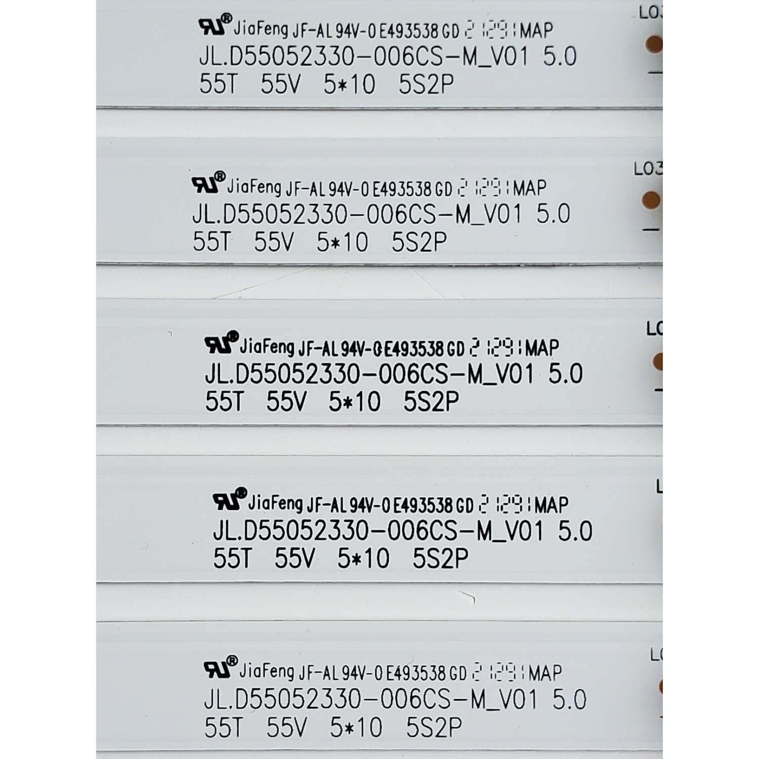 KIT DE LED'S PARA TV JVC ((5 PIEZAS)) / NUMERO DE PARTE JL.D55052330-006CS-M_V01 5.0 / 55T 55V 5*10 5S2P / JF-AL 94V-0 E493538 GD / 308055503JF00001 / 185LME53. 0-3.3V / D210816 / PANEL CX550DLEDM / DISPLAY ST5461D11-3 VER.2.1 / MODELO LT-55EC3512 - Imagen 2