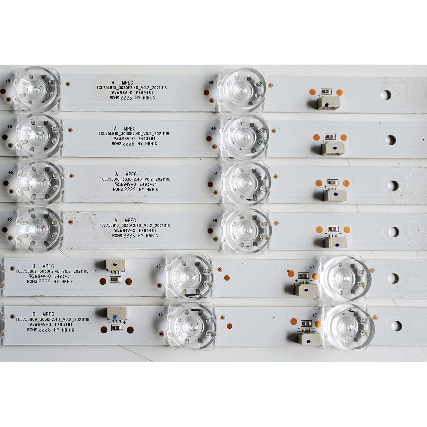 KIT DE LEDS PARA TV TCL ORIGINAL 6 PIEZAS / NUMERO DE PARTE TCL75LB10 / TCL75LB09 / B0101-000378 / B0101-000379 / TCL75LB10_3030F2.4D_V0.2_20211118 / TCL75LB09_3030F2.4D_V0.2_20211118 / PANEL LVU75NDEL CS9W13 V3 / MODELOS 75S451 / 75S455 - Imagen 3