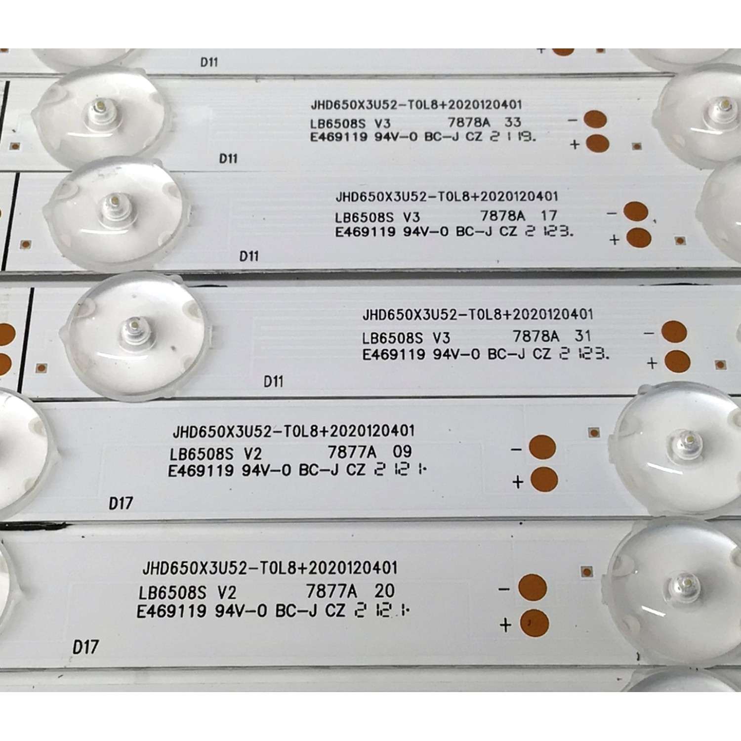 KIT DE LEDS PARA TV HISENSE ORIGINAL 20 PIEZAS / NUMERO DE PARTE LB6508S V2 / LB6508S V3 / 1248780 / 1248781 / JHD650X3U52-T0L8 / 2020120401 / JHD650X3U52-T0L8 / PANEL JHD650X3U52-T0L8\S0\FJ\FM\ROH / T650QVN07.5 / MODELOS 65U6G / 65U6GR - Imagen 7