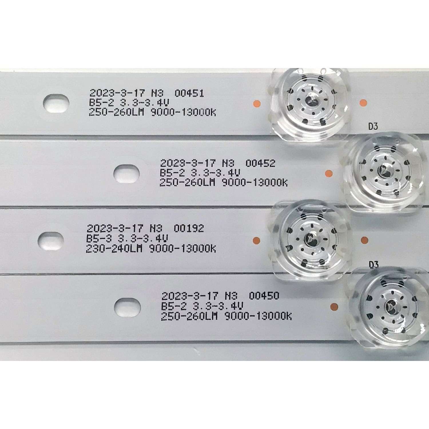 KIT DE LED'S PARA TV EVL ((4 PIEZAS)) / NUMERO DE PARTE MSG-T500-V6-3030-026-09 / 1.3.10700000229 / PC67181B / 914mm*14mm*1.0T / 240-250LM / 9000-13000K / B5-2 3.3-3.4V / PANEL CV500U2-T01 / DISPLAY CV500U3-L01 / MODELOS 50EVLS4 / K50DLG12U / AK50H1485 - Imagen 3