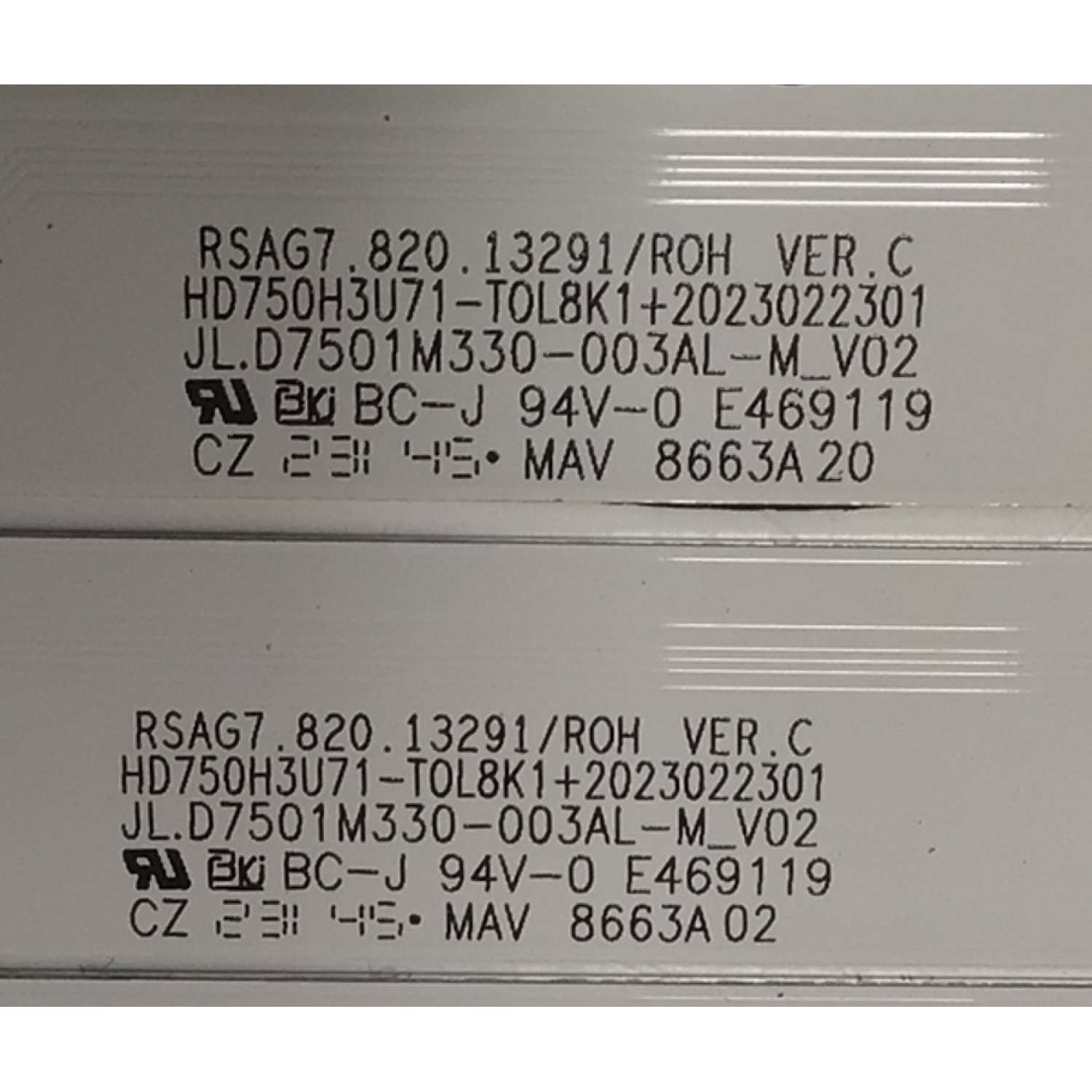 KIT DE LEDS PARA TV HISENSE ORIGINAL 20 PIEZAS / NUMERO DE PARTE JL.D7501M330 / JL.D7501M330-003AL-M_V02 / JL.D7501M330-003AR-M_V02 / RSAG7.820.13291/ROH VER.C / RSAG7.820.13292/ROH VER.C / PANEL HD750H3U71-T0L8K1 / DISPLAY HV750QUB-F92 / MODELO 75U7K - Imagen 6