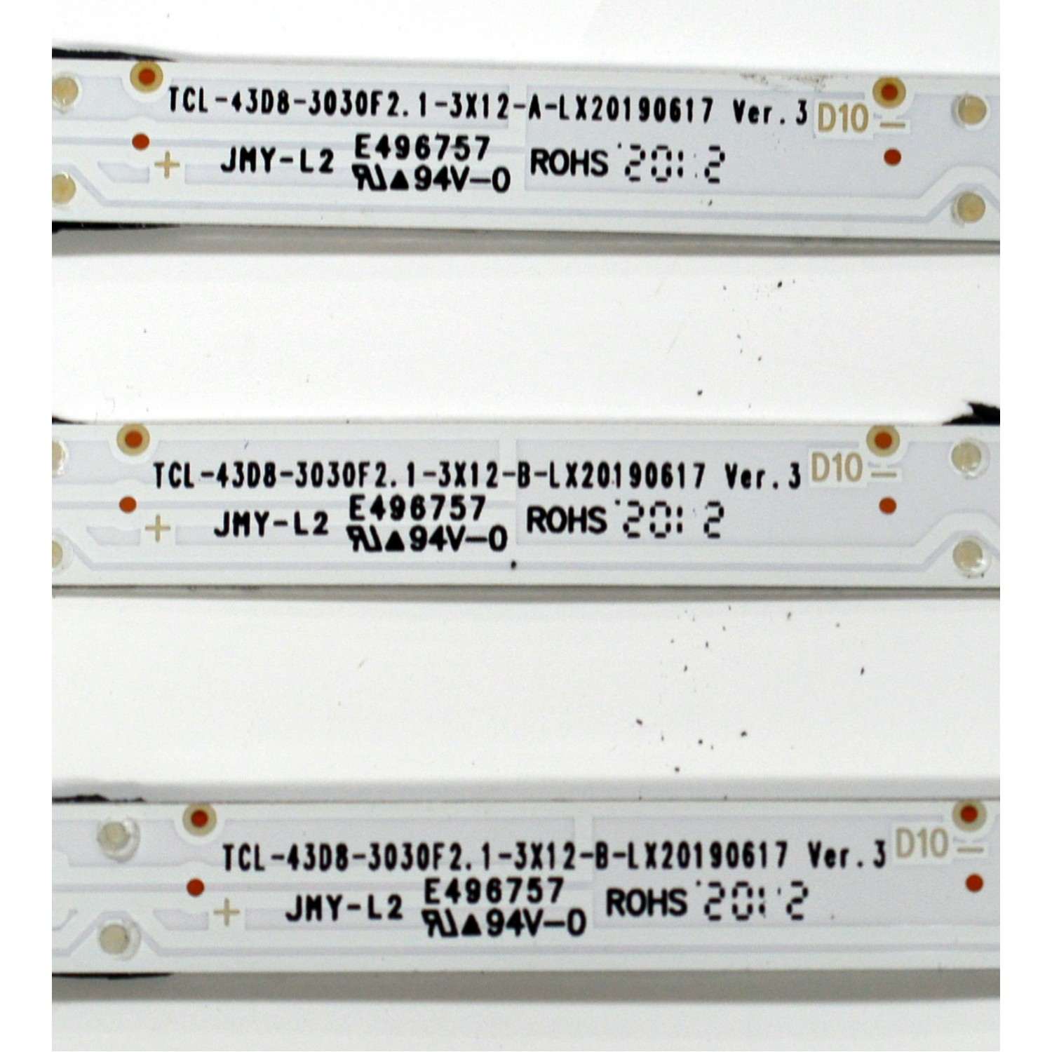KIT DE LEDS ORIGINAL PARA TV TCL 3 PIEZAS / NUMERO DE PARTE TCL-43D8-3030F2.1 / TCL-43D8-3030F2.1-3X12-A-LX20190617 / TCL-43D8-3030F2.1-3X12-B-LX20190617 / 4C-LB4312-YH03JC / 4C-LB4312-YH04JC / PANEL LVU430NEBL-CD9W00V1 / MODELO 43S525 - Imagen 2