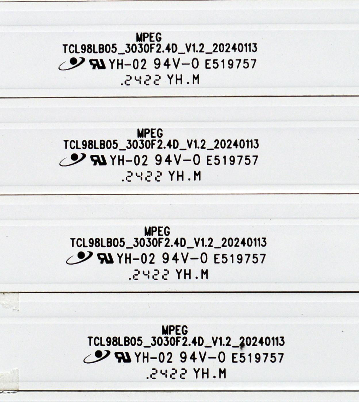 KIT DE LEDS ORIGINAL PARA TV TCL 16 PIEZAS / NUMERO DE PARTE TCL98LB05 / TCL98LB05_3030F2.4D_V1.2_20240113 / N0101-000359 / A0001/FD2 / 240702 / ZMAS/TG / PANEL LVU980NDJL / DISPLAY ST9751D01-4 VER.2.2 / MODELO 98Q672G - Imagen 2