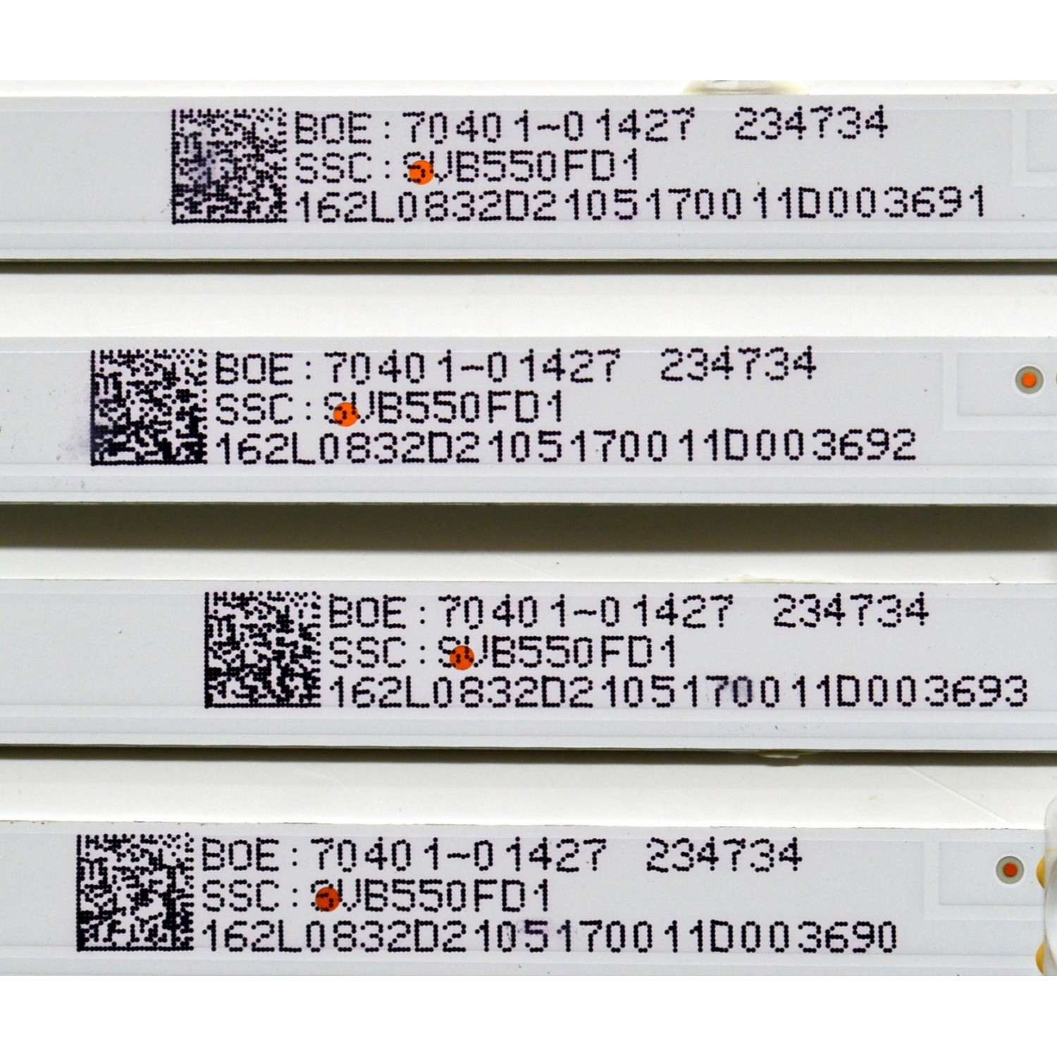 KIT DE LEDS ORIGINAL PARA TV SCEPTRE 4 PIEZAS / NUMERO DE PARTE F55JL7SMC3030041008J / CRH-F55JL7SMC3030041008J-REV1.3 / BOE 70401-01427 / SSC SVB550FD1 / 234734 / 162L0832D2105170011D00 / PANEL BOEA550WU1 / DISPLAY LC546PU4L 01 / MODELO U557CV-UMRB - Imagen 3