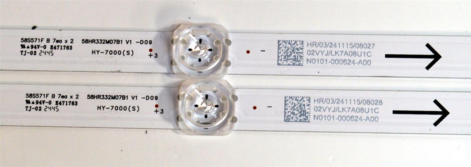 KIT DE LEDS ORIGINAL PARA TV TCL 4 PIEZAS / NUMERO DE PARTE 58HR332M12A1 / 58HR332M07B1 / 58HR332M12A1 V1-D09 / 58HR332M07B1 V1-D09 / HY-7000 (S) / 02VYJ / LK7A08U1C / N0101-000623-A00 / N0101-000624-A00 / DISPLAY CV580U3-L02 REV:01 / MODELO 58S571F - Imagen 2
