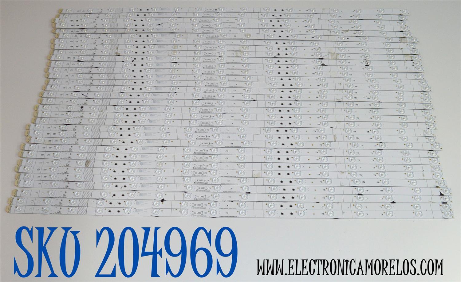 KIT DE LEDS ORIGINAL PARA TV HISENSE 32 PIEZAS / NUMERO DE PARTE BK75E7KA / CRH-BK75E7KA3030T321636W-REV1.2 / HD750H3U62-TALDKCM2B1 / 2023063002 / RSAG7.820.13706/ROH VER.A / 24087X / 27904200 / PANEL HD750H3U73-T0LN / DISPLAY HV750QUB-E94 / MODELO 75U75N