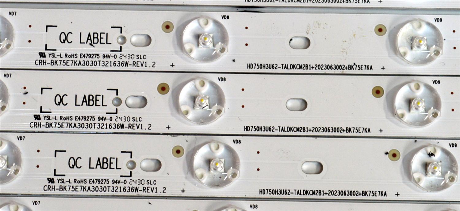 KIT DE LEDS ORIGINAL PARA TV HISENSE 32 PIEZAS / NUMERO DE PARTE BK75E7KA / CRH-BK75E7KA3030T321636W-REV1.2 / HD750H3U62-TALDKCM2B1 / 2023063002 / RSAG7.820.13706/ROH VER.A / 24087X / 27904200 / PANEL HD750H3U73-T0LN / DISPLAY HV750QUB-E94 / MODELO 75U75N - Imagen 2