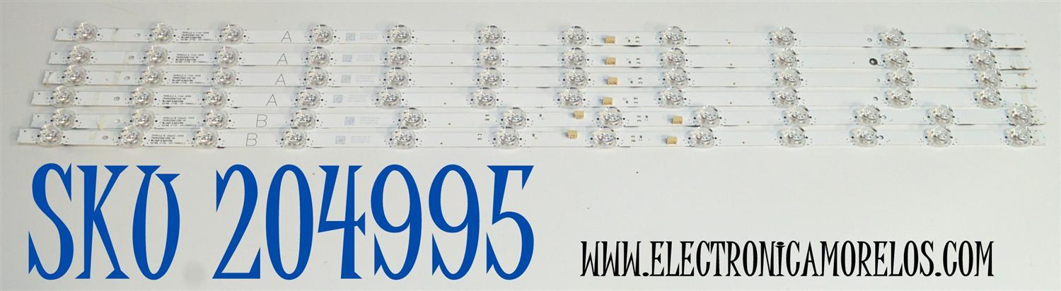 KIT DE LEDS ORIGINAL PARA TV TCL 6 PIEZAS / NUMERO DE PARTE 75TN1L2 / 75TN1L2 A / 75TN1L2 B / 75HR332M11A2 V0 / 75HR332M12B2 V0 / N0101-000650-A00 / N0101-000651-A00 / LK7A08U1C / HY-7000 L -3 / PANEL LVU750NDAL / DISPLAY JR745R3HD2Y / MODELO 75Q51K