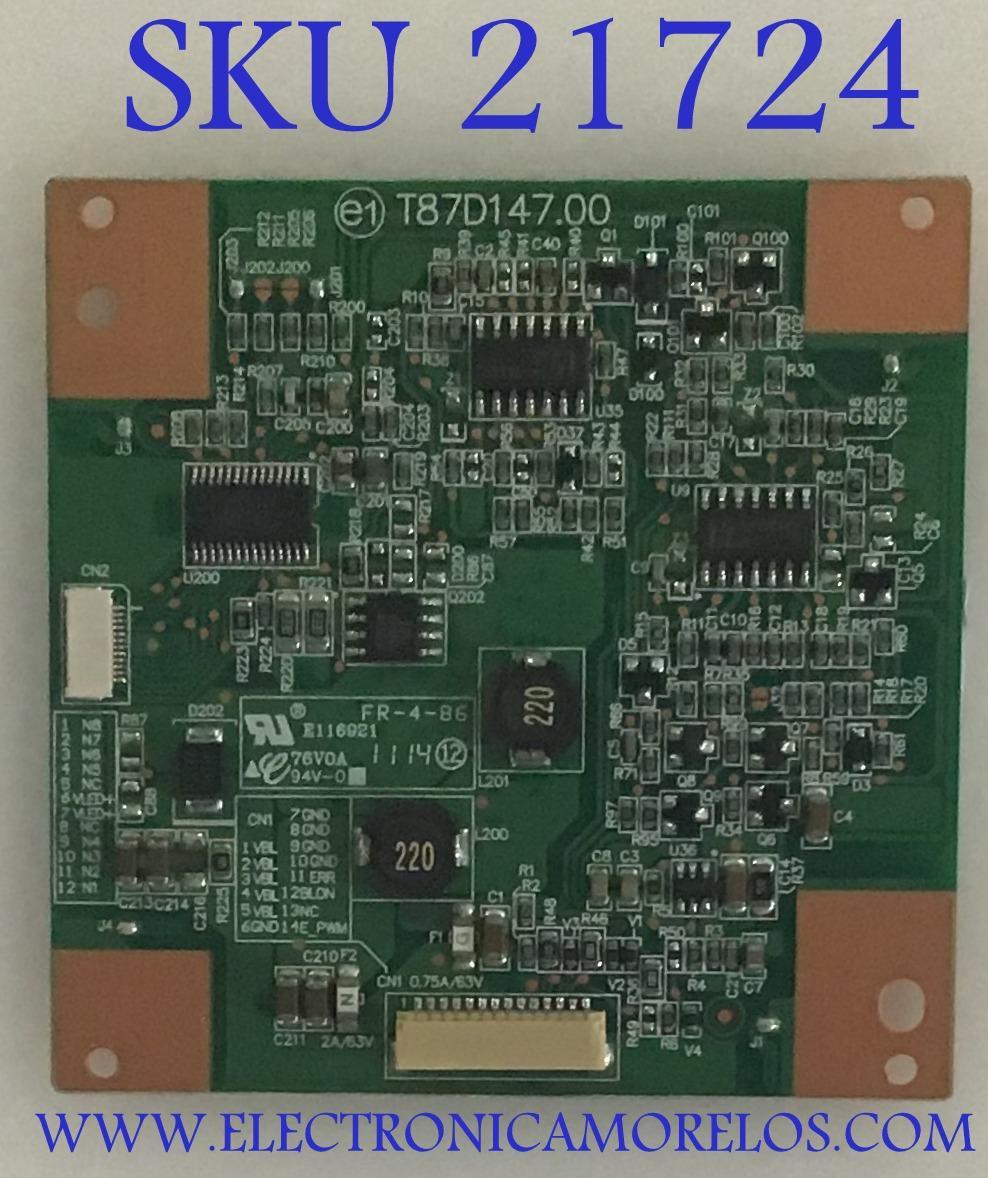 T-CON TOSHIBA / 27-D055082 / T87D147.00 / PANEL V236H1-LE4 REV.C3 / MODELO 24SLV411U